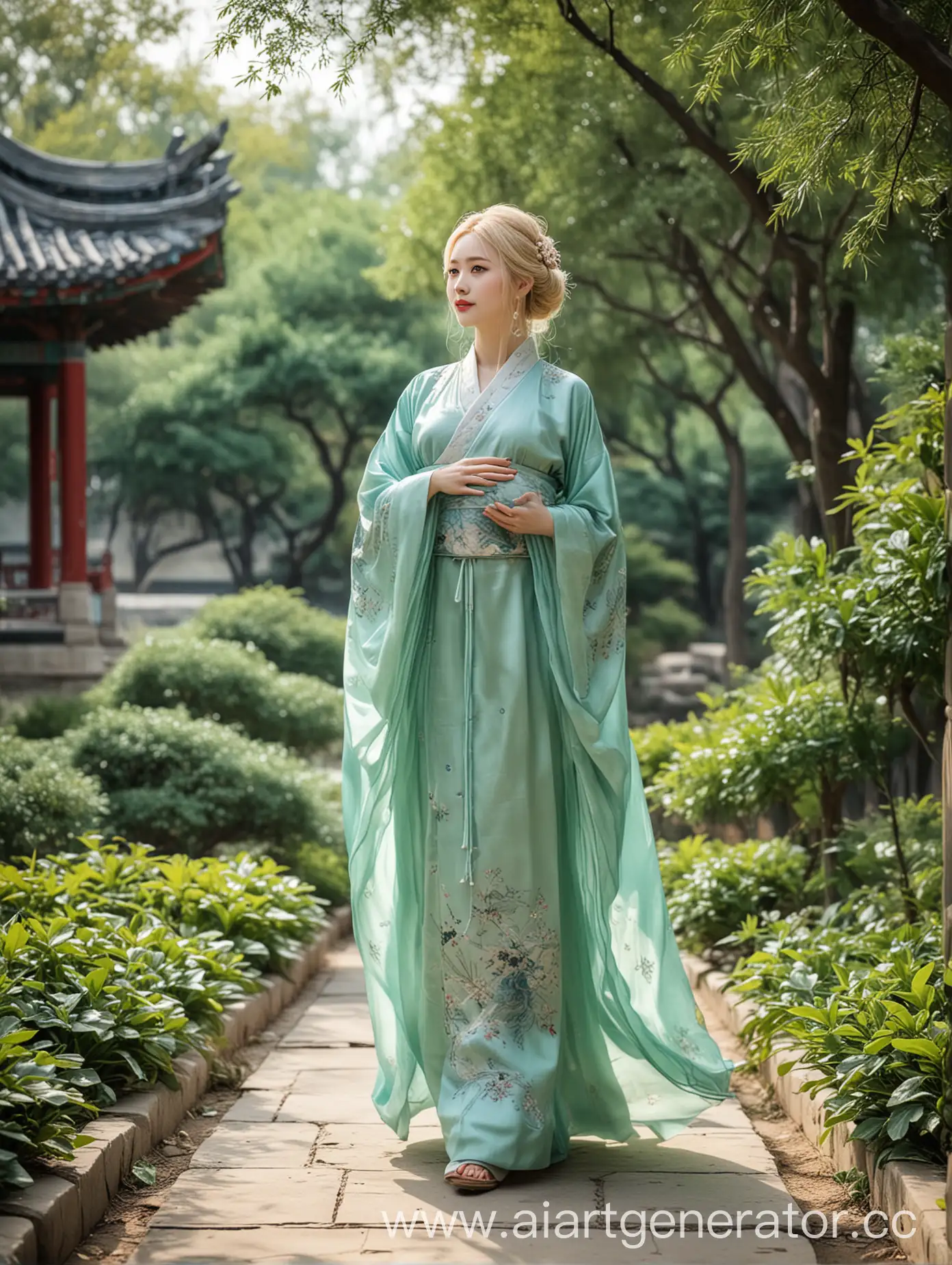 Принцесса древнего Китая, с голубыми глазами, блондинка, беременная, в зеленом ханьфу, гуляет пл саду