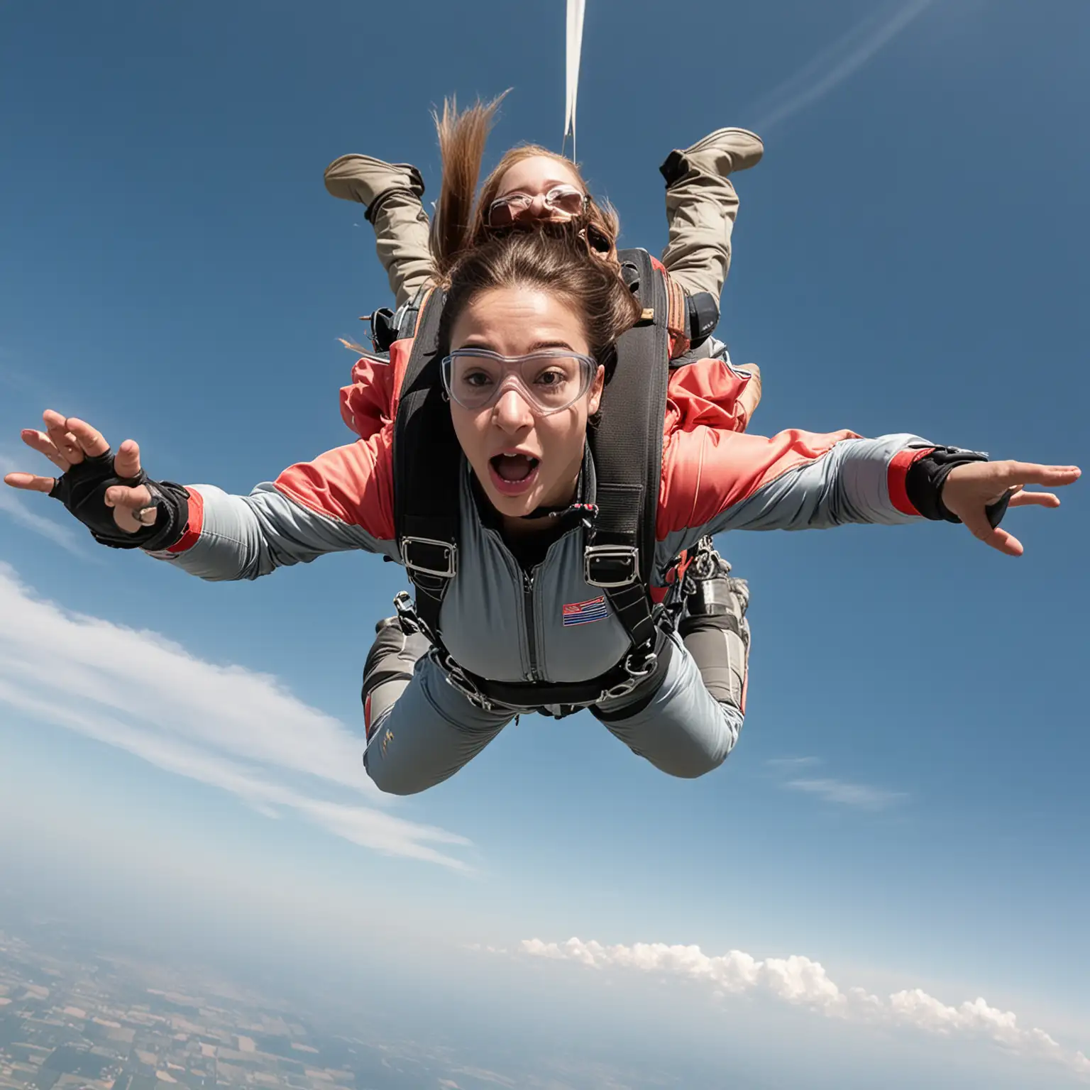The young female skydiver is descending in the sky facing everyone