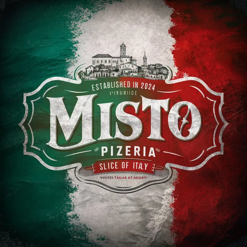Misto Pizzeria Italian Flag Colors in Sketched Cityscape