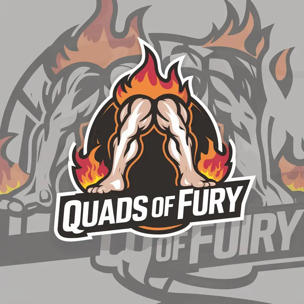 a logo design,with the text "Quads of Fury", main symbol:Muscle legs on fire,Moderate,clear background