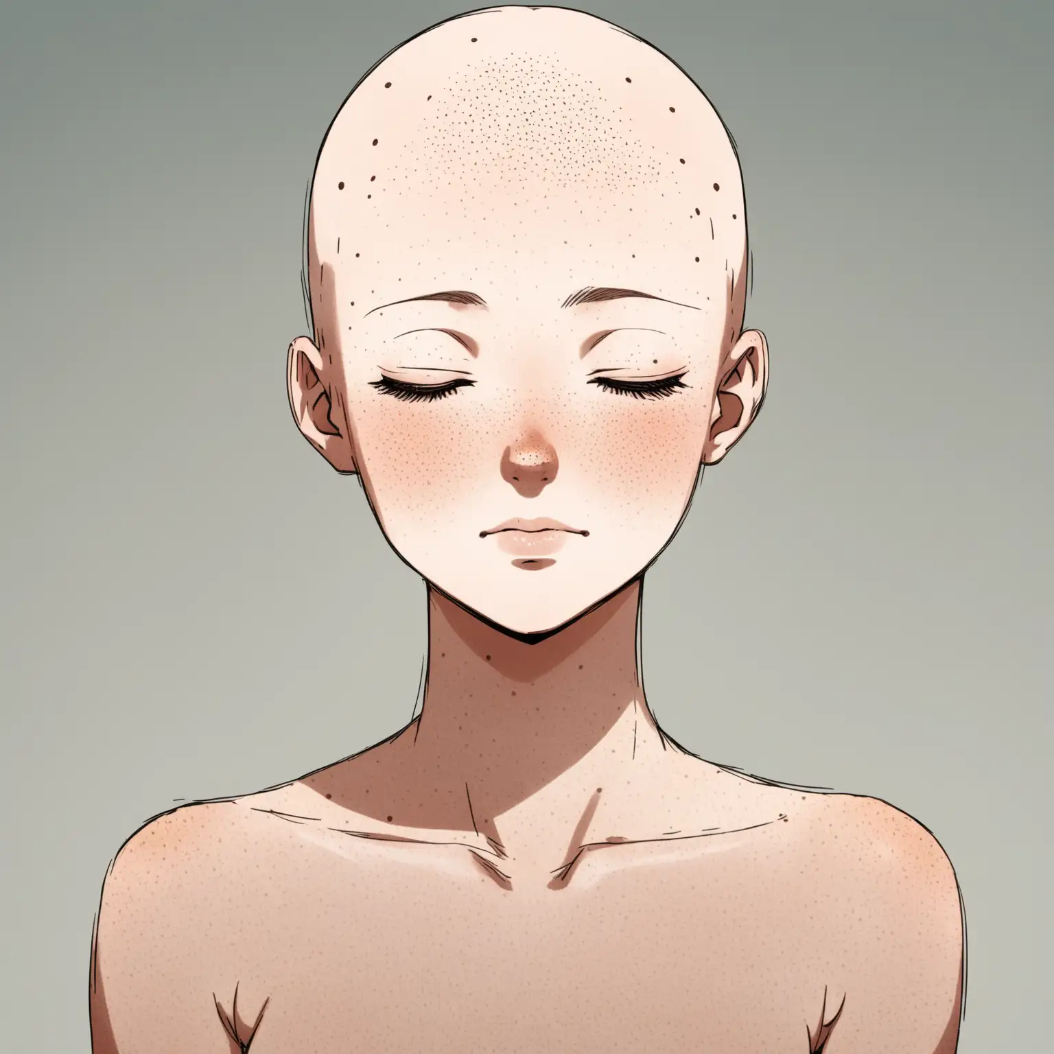 Beautiful bald anime woman with closed eyes with freckles  just on her face front view 