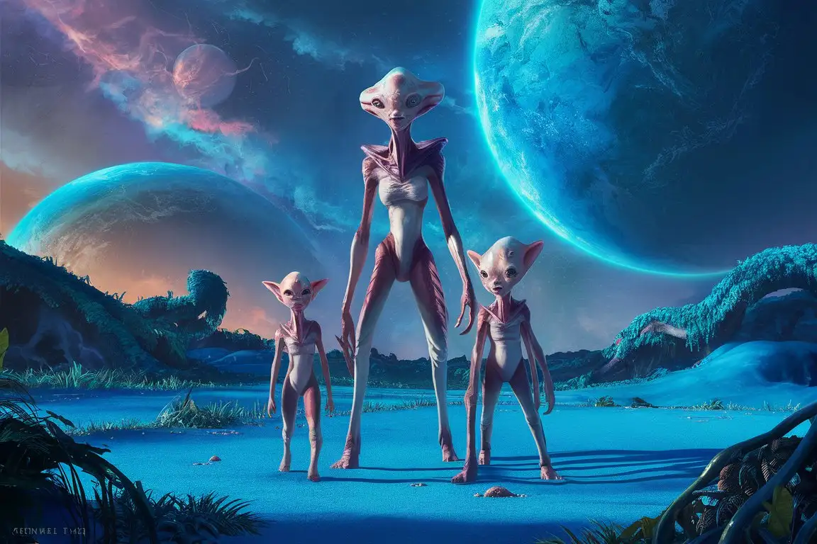 Alien Family on Vibrant Blue Planet