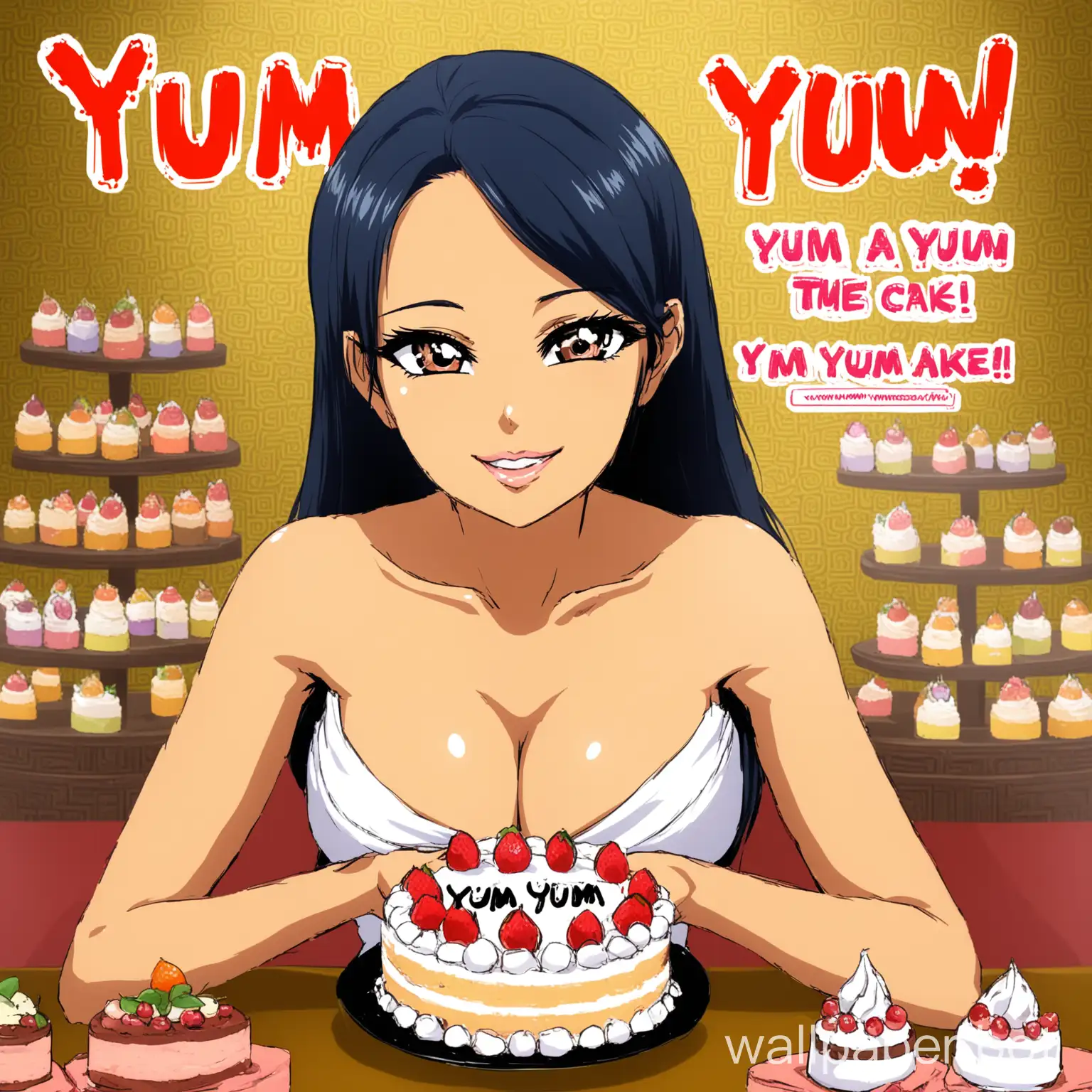 cambodian massage woman with cake in anime. visible cleavage. with text yum yum at the background.