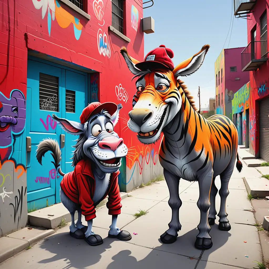 Urban Graffiti Art Cheerful Tiger and Weary Donkey in Vibrant Setting