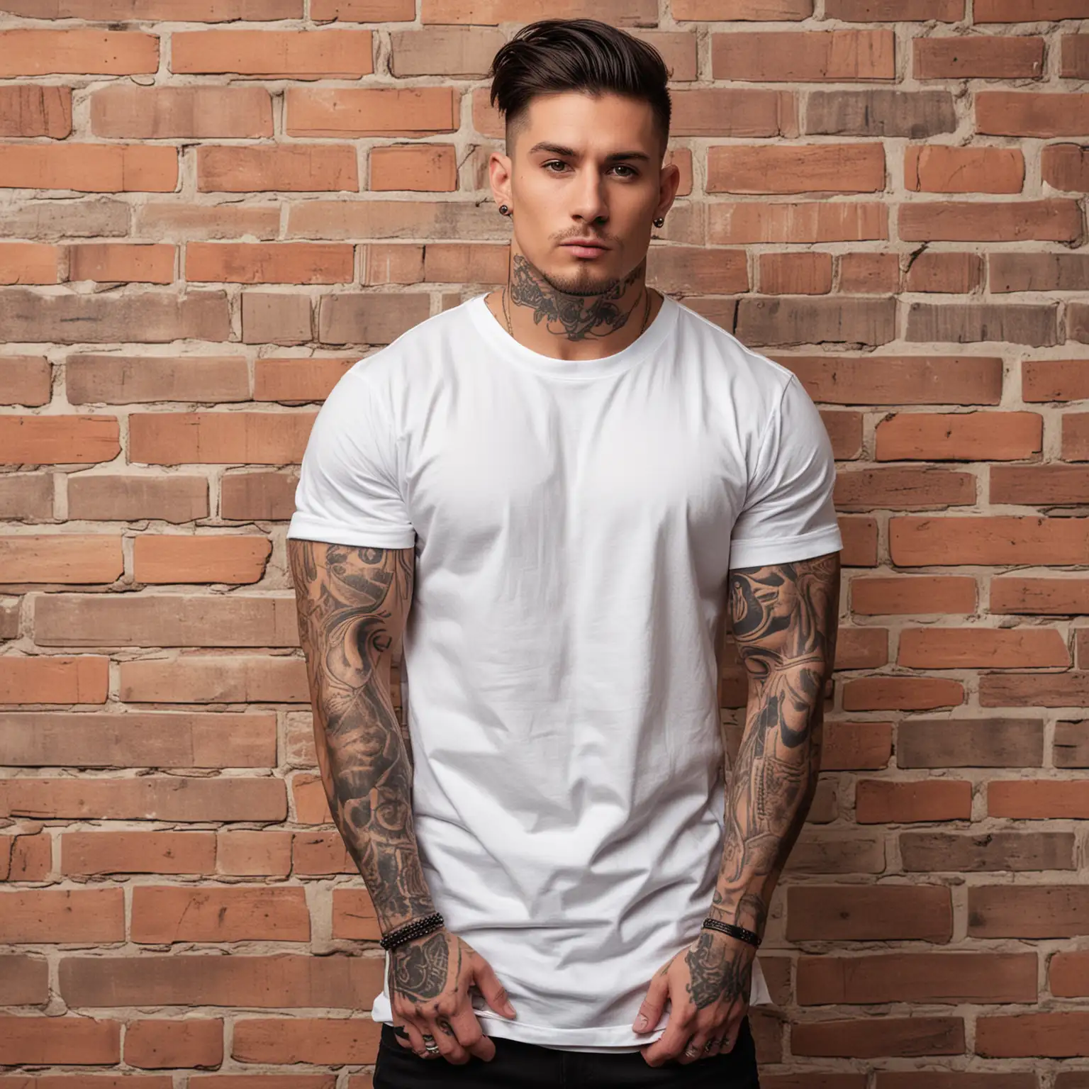 Male tattooed model with muscles fit wearing high quality white thick blank heavy oversized tshirt brick wall background