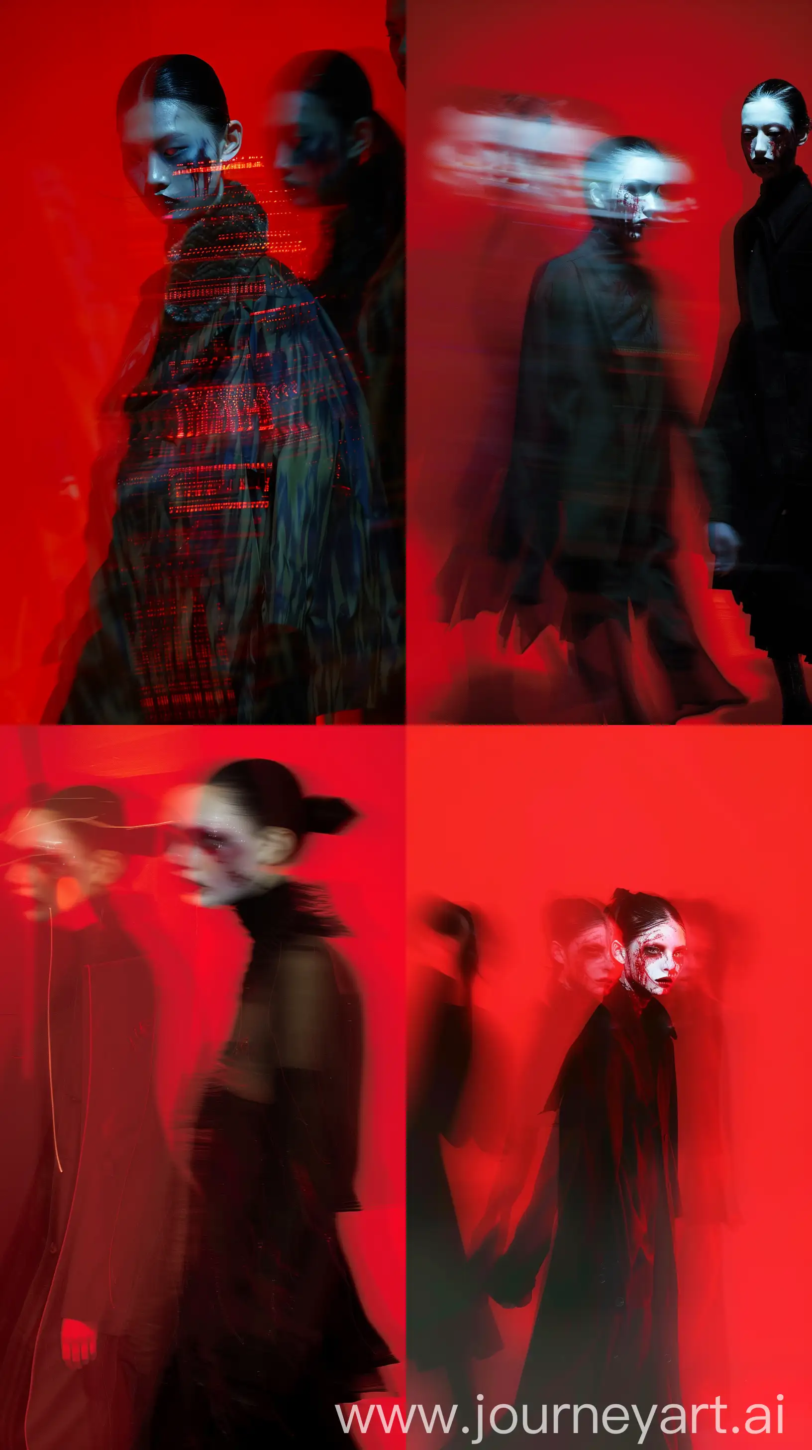 Create image image, blurred oriental balenciaga female models figures are depicted against a red background. wounded make up, The motion blur creates a ghostly, ethereal effect, with clothing details obscured. One figure in the foreground appears to be wearing a oversized horror high fashion blackout,  The lighting and blur lend a mysterious, almost haunting quality to the scene, nocturnal fashion scene --ar 9:16