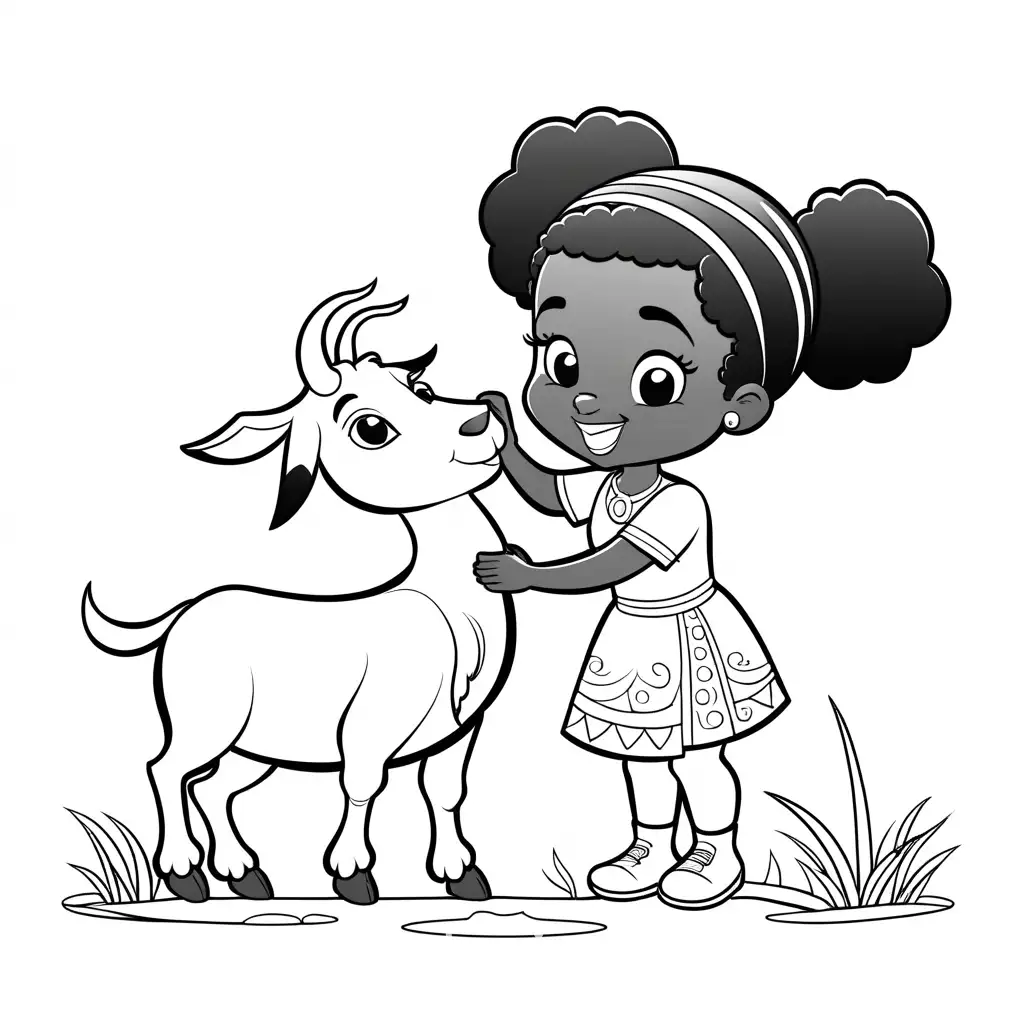 happy cartoon african girl playing with a goat, Coloring Page, black and white, line art, white background, Simplicity, Ample White Space
