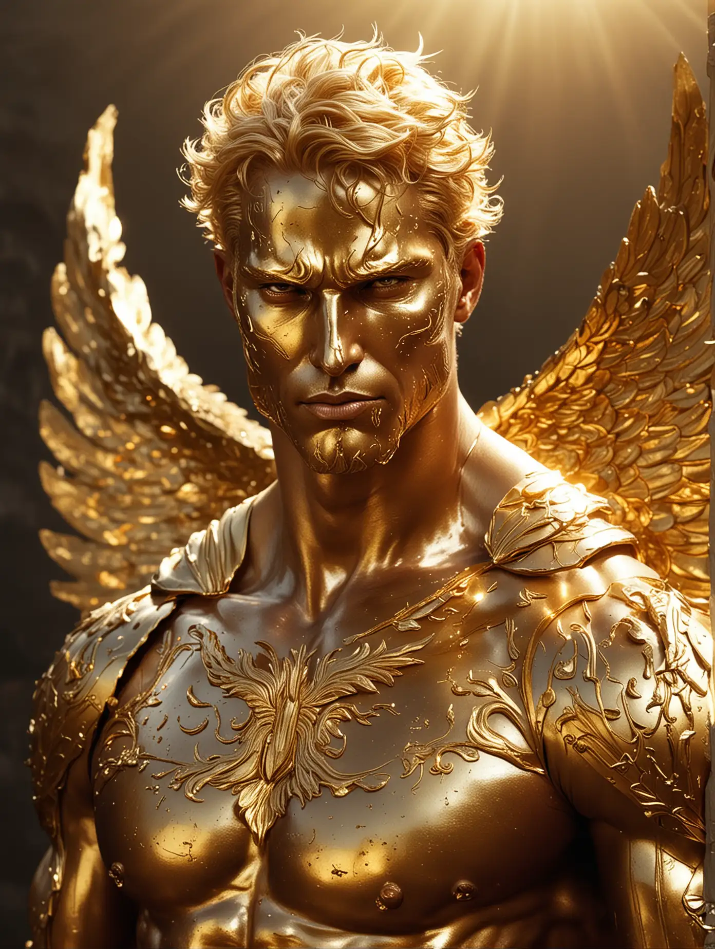 (gold skin:1.39), ((angel man) | (muscular Sun God)), (with gold face and gold hair) | [armour] | (Completely gold skin) solar rays