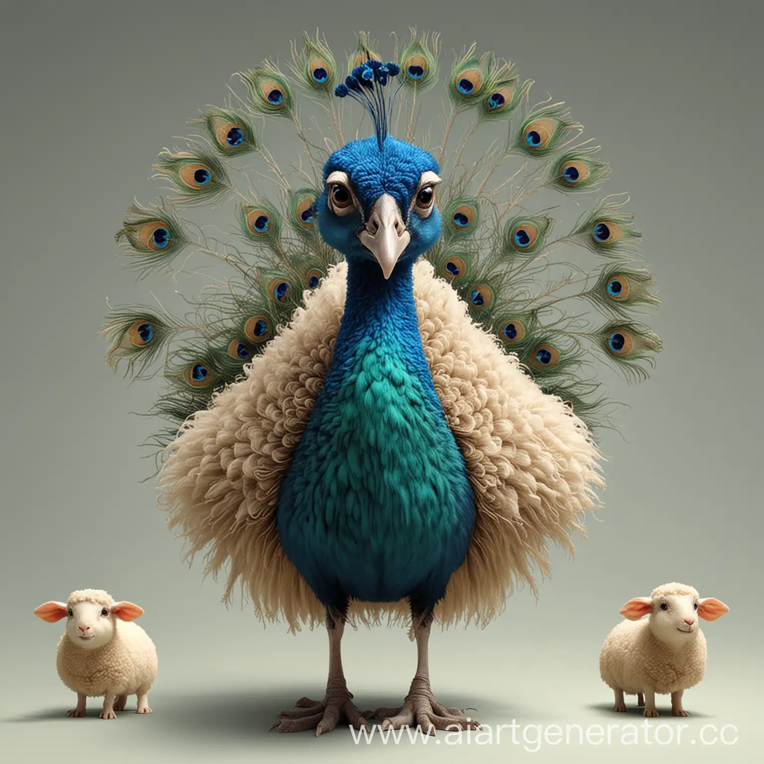 Colorful-Peacock-Surrounded-by-Sheep-and-Gerbil