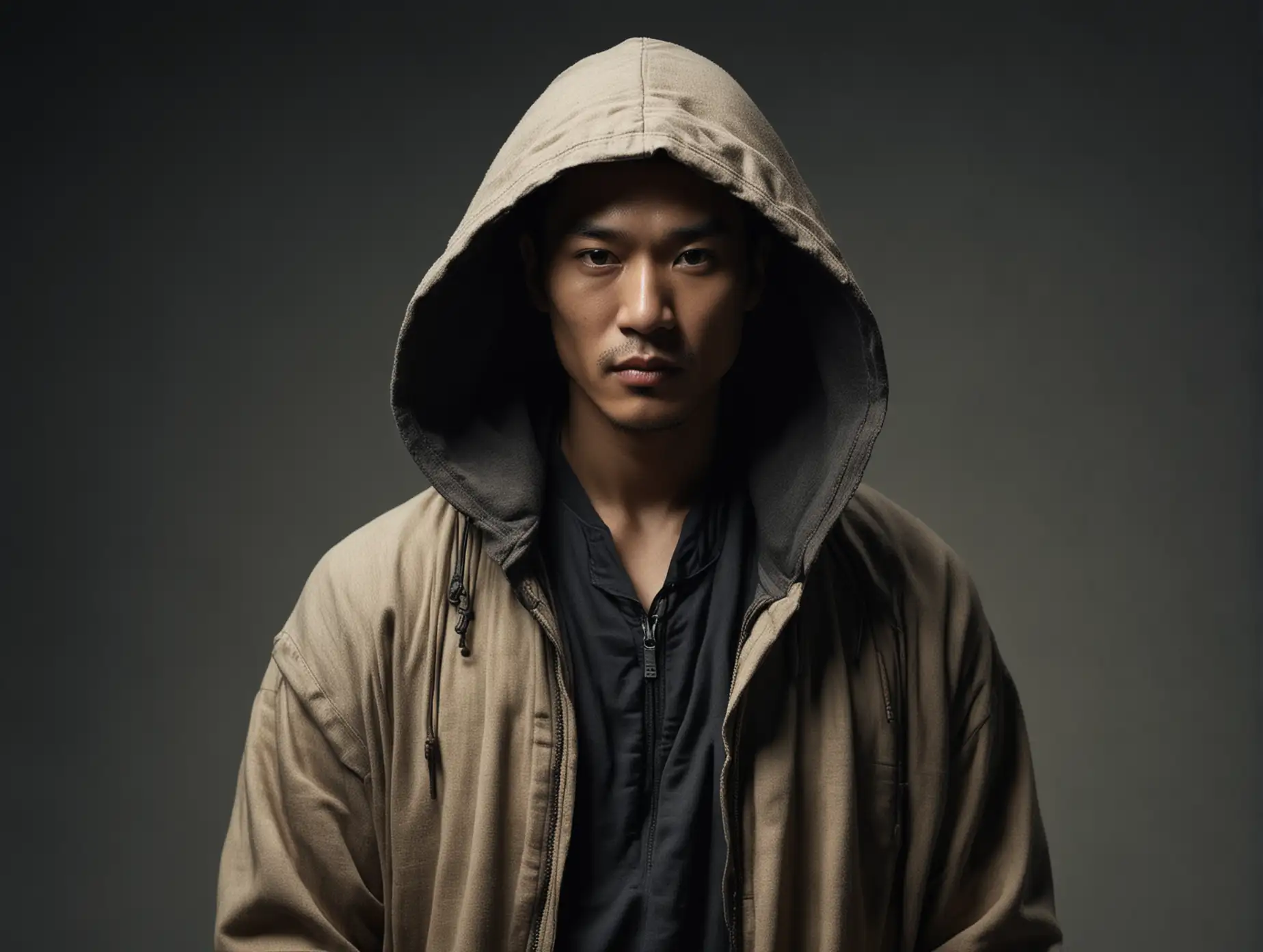 In Annie Leibovitz’s photograph, an asian man of main character from 'Dune' movie, he is wearing hoodie. the scene with her signature moody Lightroom tone, utilizing a Sigma 85mm f/1.4 lens. She deftly adjusts focal lengths, including 15mm and 35mm, to ensure the highest resolution, perfect for both 4K and 8K displays. Presented in full color, the image showcases a blend of high definition and 4K resolutions