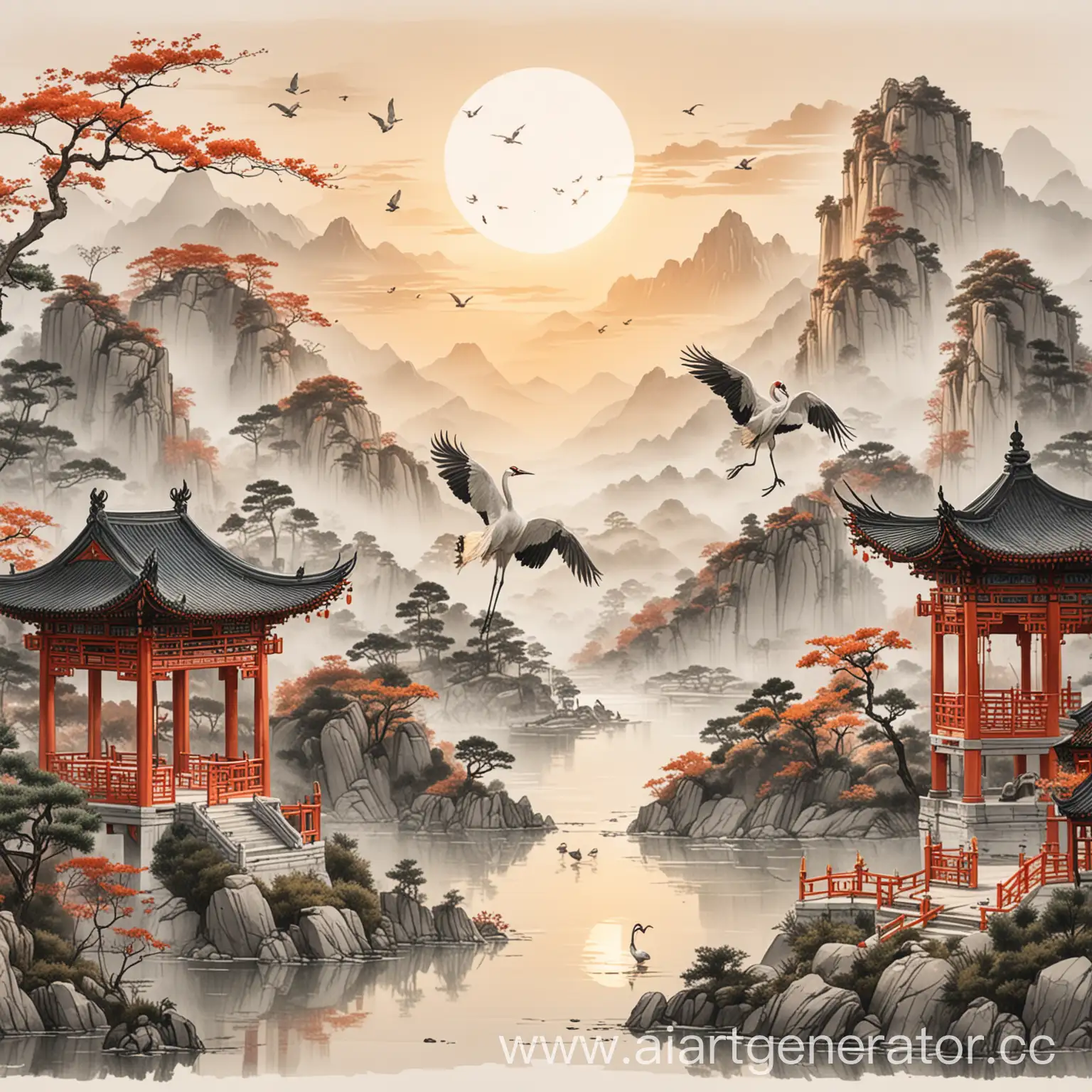 на белом фоне китайский журавль и солнце, вдали под ними схематично нарисовать горы и китайские павильоны