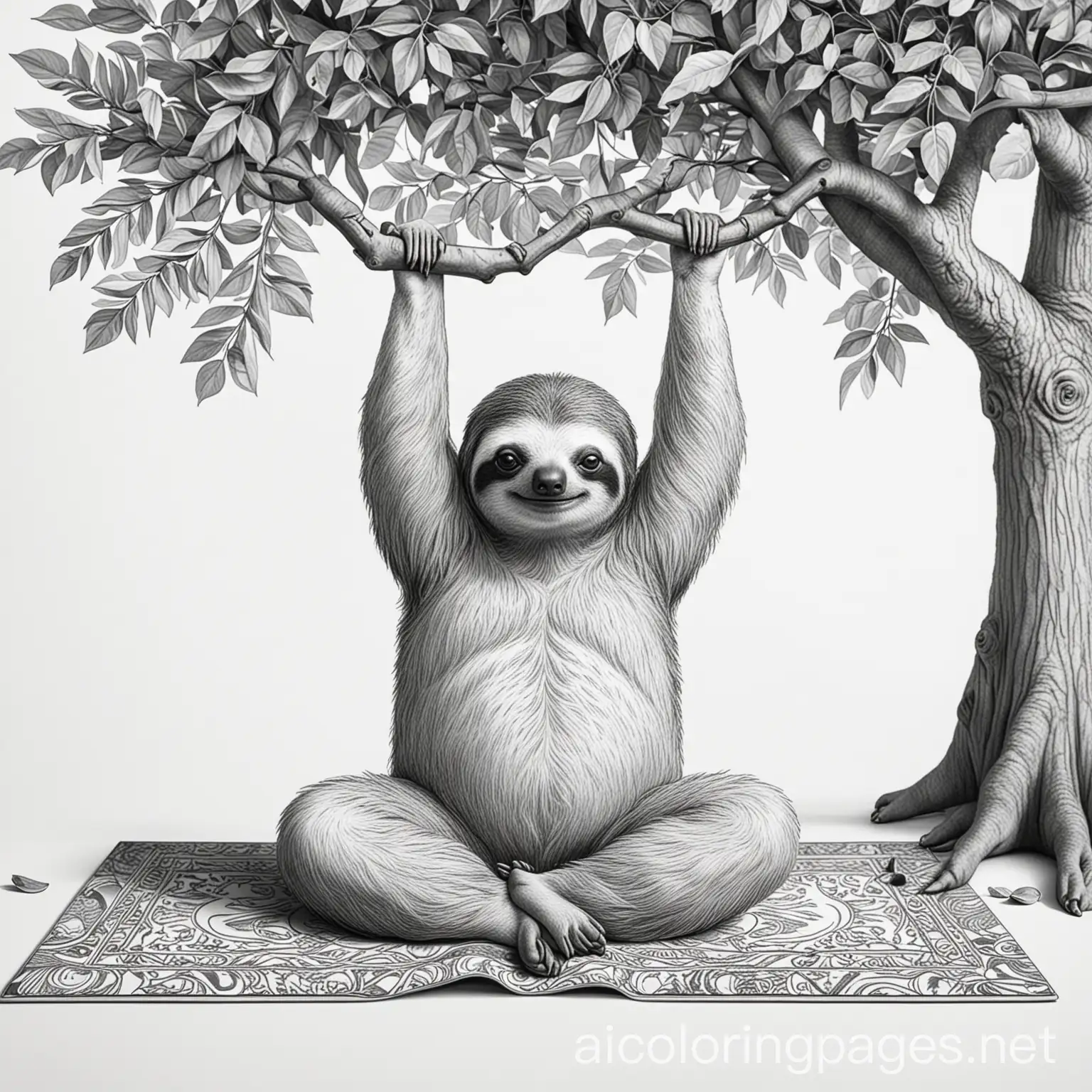 A sloth doing yoga on a mat under a tree, Coloring Page, black and white, line art, white background, Simplicity, Ample White Space