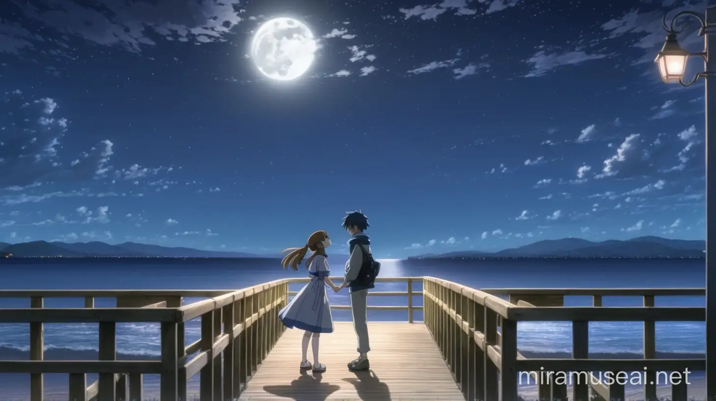 A anime couple standing on a boardwalk far away, at kissing each other, under the moonlight.