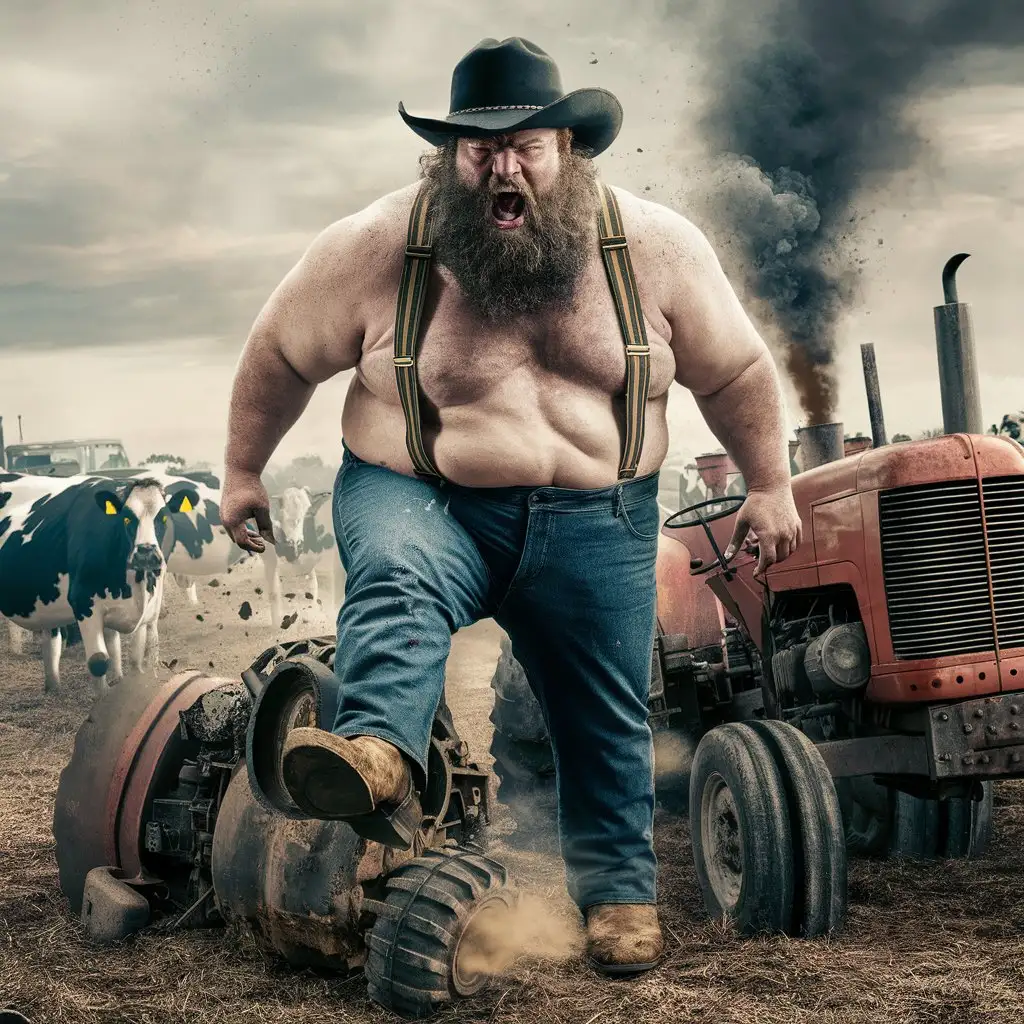 big black man with beard and cowboy hat with suspenders  with mad face in the country stepping on tracktors
