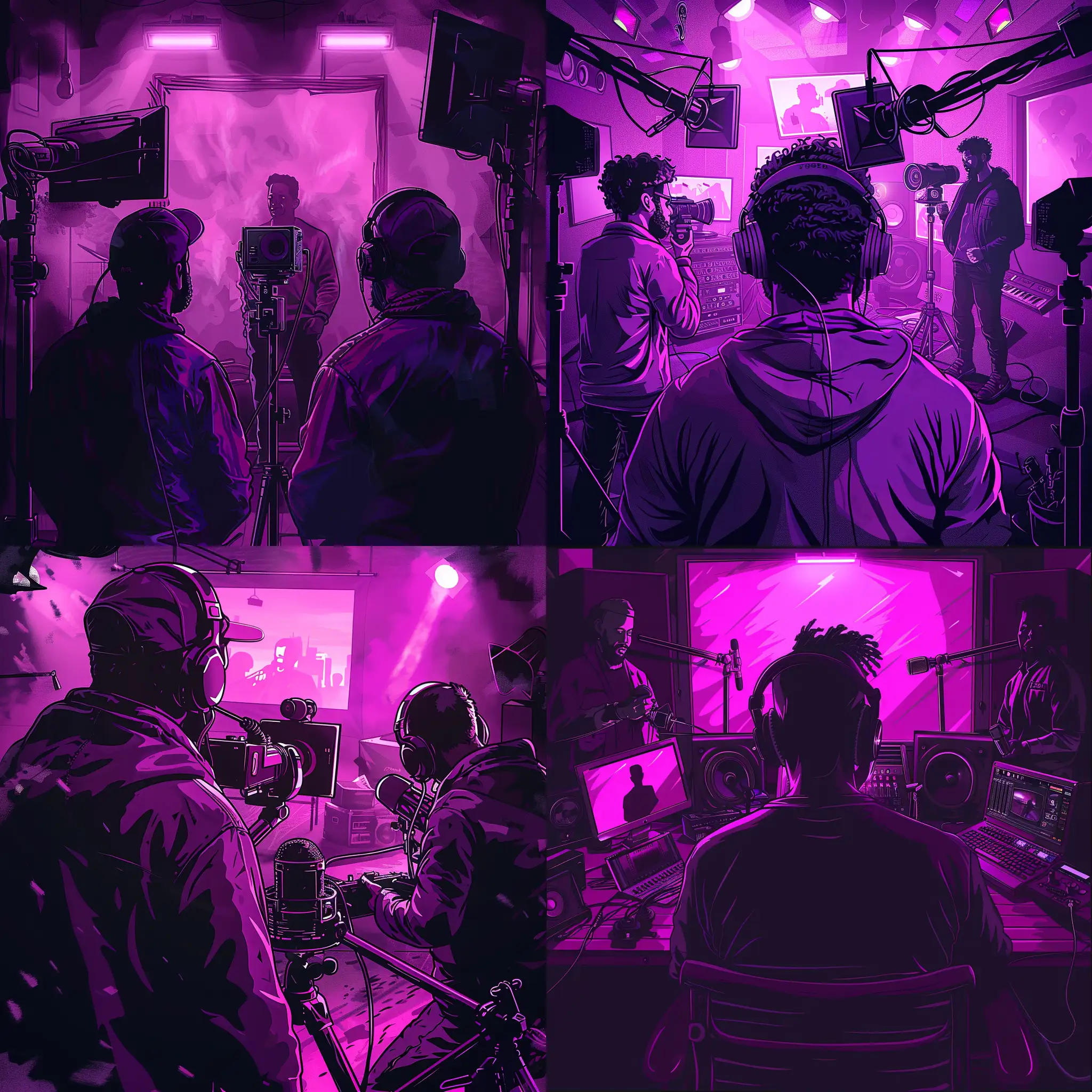 man recording video in his studio Digital art style with a purple tone with high detail in a cartoon-like style, soft lighting, movie poster, digital art, 3 mafia mans,. A dark atmosphere is depicted.--ar 16:9 --v 6.0