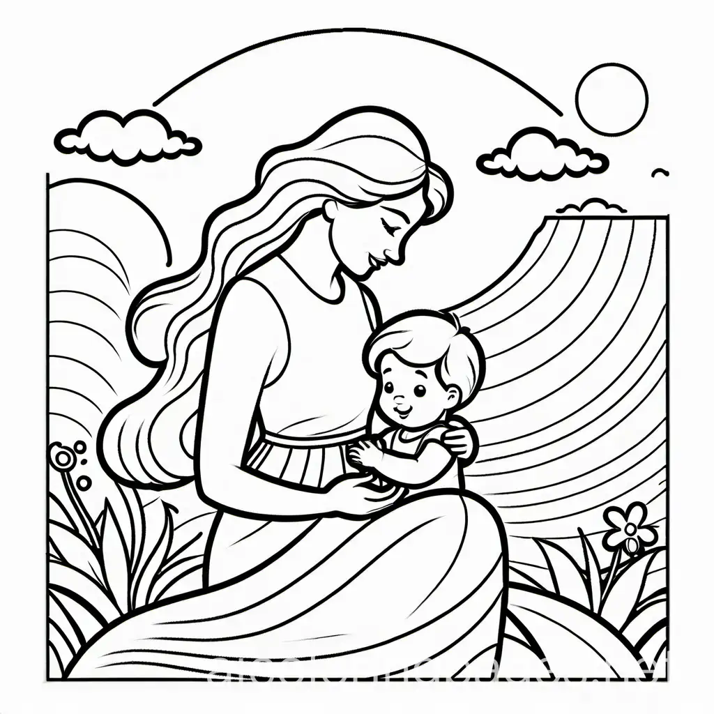 Mother play with kid, Coloring Page, black and white, line art, white background, Simplicity, Ample White Space. The background of the coloring page is plain white to make it easy for young children to color within the lines. The outlines of all the subjects are easy to distinguish, making it simple for kids to color without too much difficulty