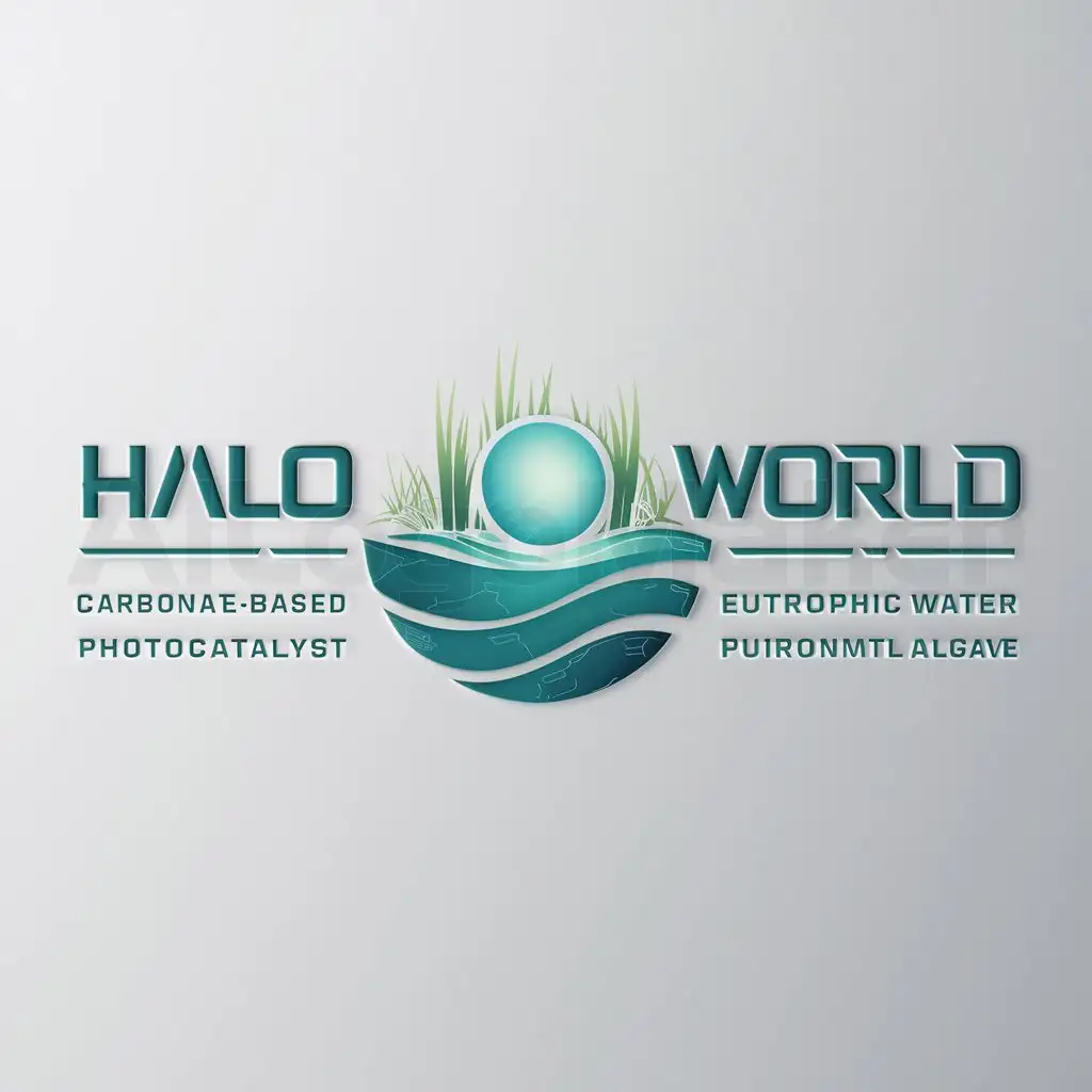 a logo design,with the text "halo world", main symbol:floating type carbonate based composite photocatalyst, eutrophic water algae, water body purification, environmental protection,Moderate,be used in Others industry,clear background