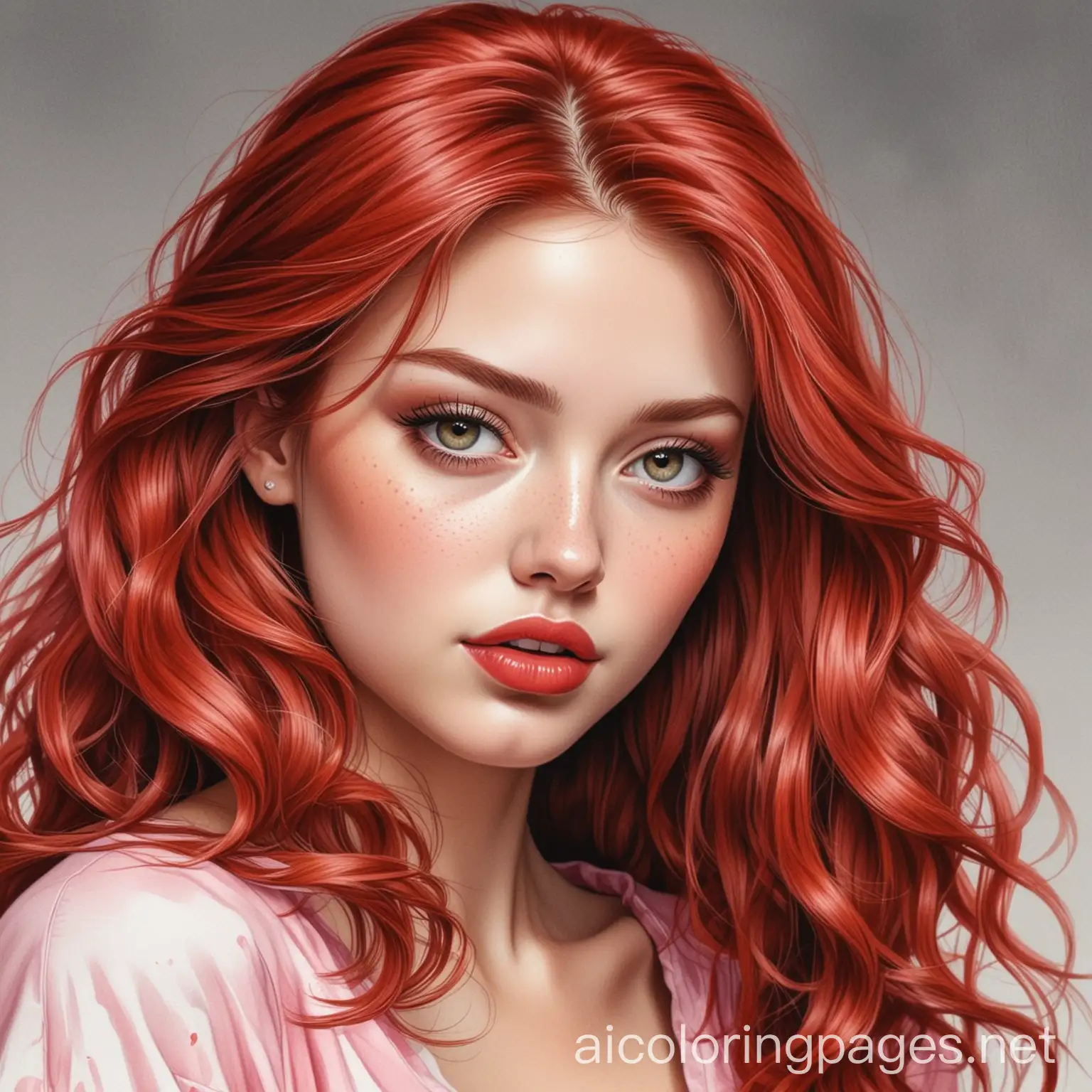 a pretty girl with a unique face she is the fairy of love. She has long cherry red hair along with soft waves, her skin tone is a olive DARK and she’s wearing red lipstick while her eyes are a deep but soft warm dark brown. She is wearing pink and red themed clothing., Hyperrealism, High quality, Highly detailed, Ultra detailed, Details, Sharp focus, Watercolor, Illustration, Retro Style, Poster, 8K, Coloring Page, black and white, line art, white background, Simplicity, Ample White Space, Coloring Page, black and white, line art, white background, Simplicity, Ample White Space.