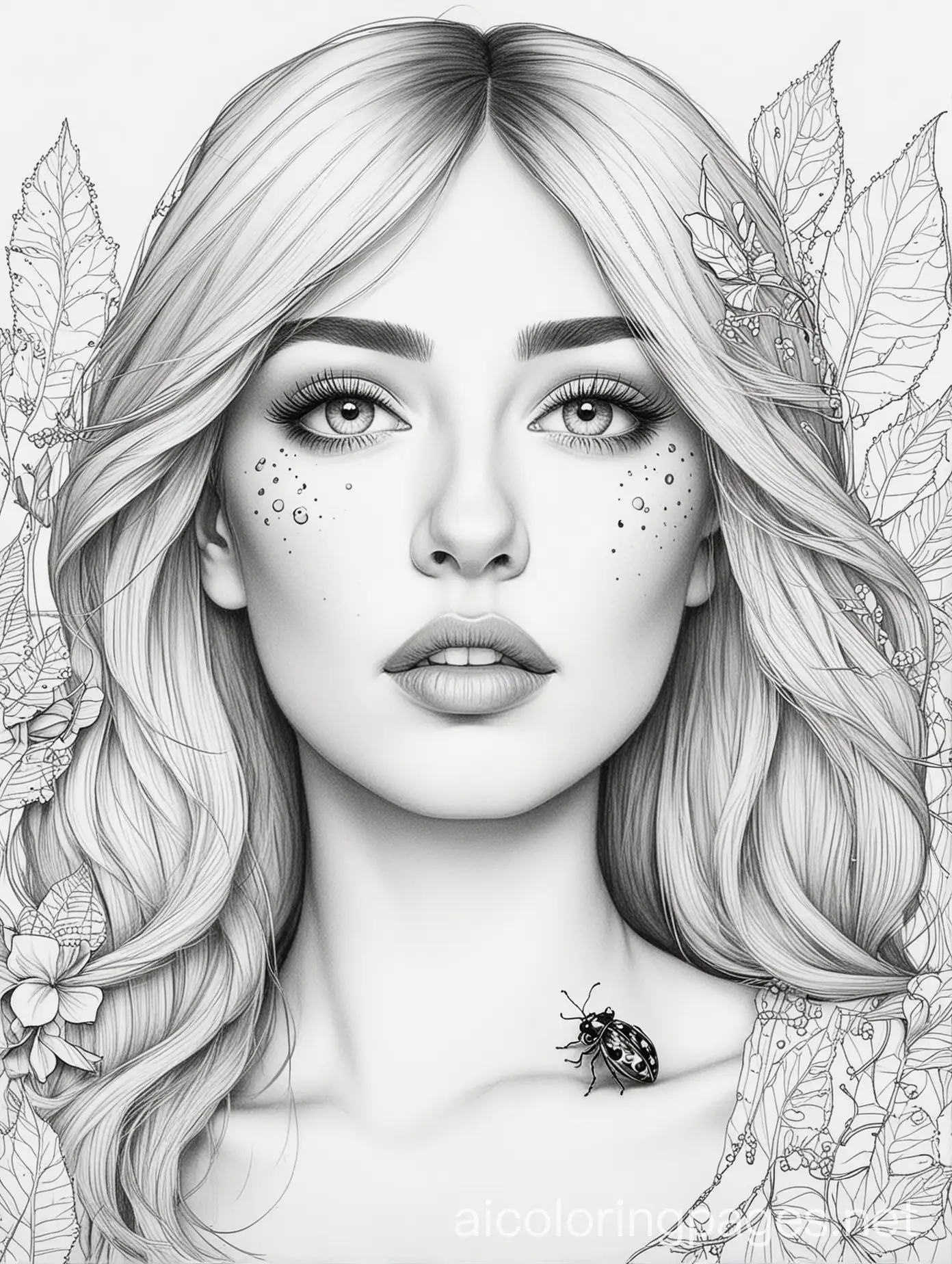 Simple-Line-Art-Coloring-Page-Beautiful-Lady-with-Ladybirds