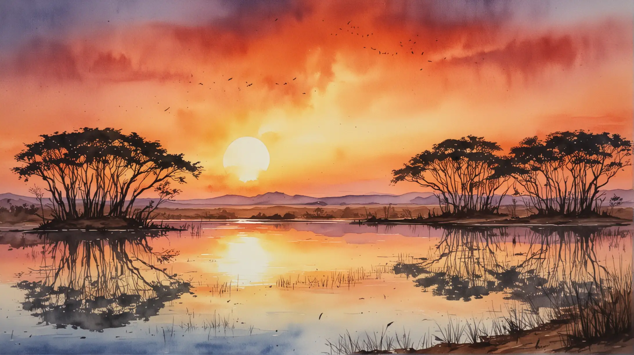 Vibrant Watercolor African Sunset Reflecting on a Serene Lake