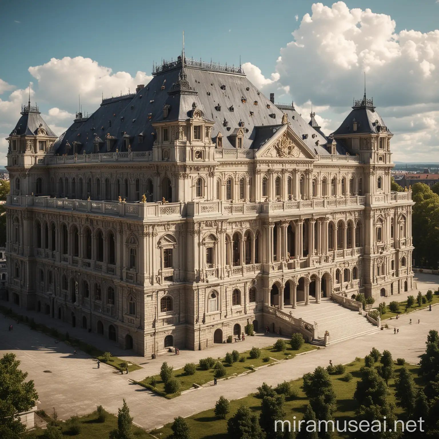 Grand European Palace with Ornate Architecture and Lush Gardens