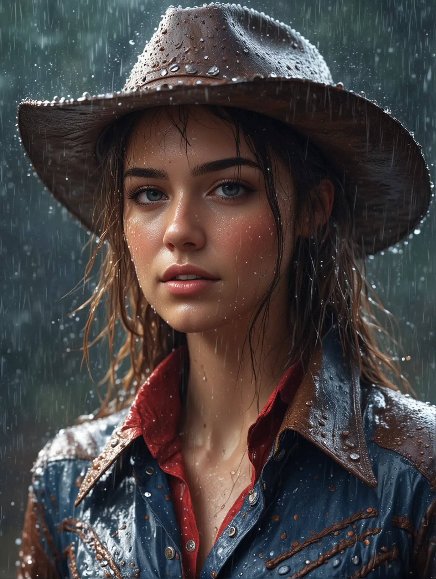 Create a realistic image focused close up view of a beautiful girl in a cowboy's outfit, under the pouring rain, Realistic image, rain effects, water effect, colorful organic shape, hyperdetailed, masterpiece art