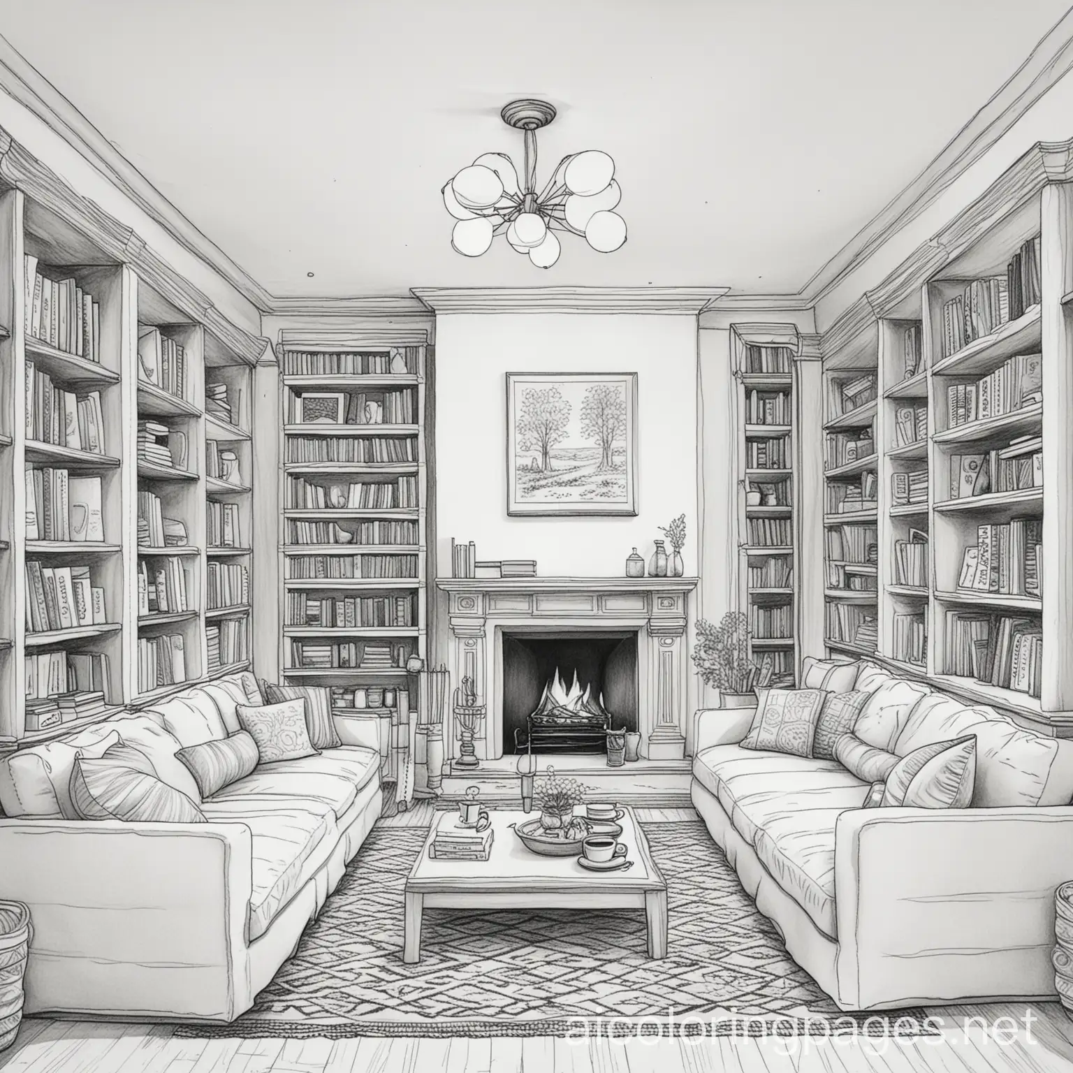 A warm, serene, cozy looking library with floor cushions and futons instead of chairs and a fireplace and coffee and food on a centrepiece



, Coloring Page, black and white, line art, white background, Simplicity, Ample White Space. The background of the coloring page is plain white to make it easy for young children to color within the lines. The outlines of all the subjects are easy to distinguish, making it simple for kids to color without too much difficulty