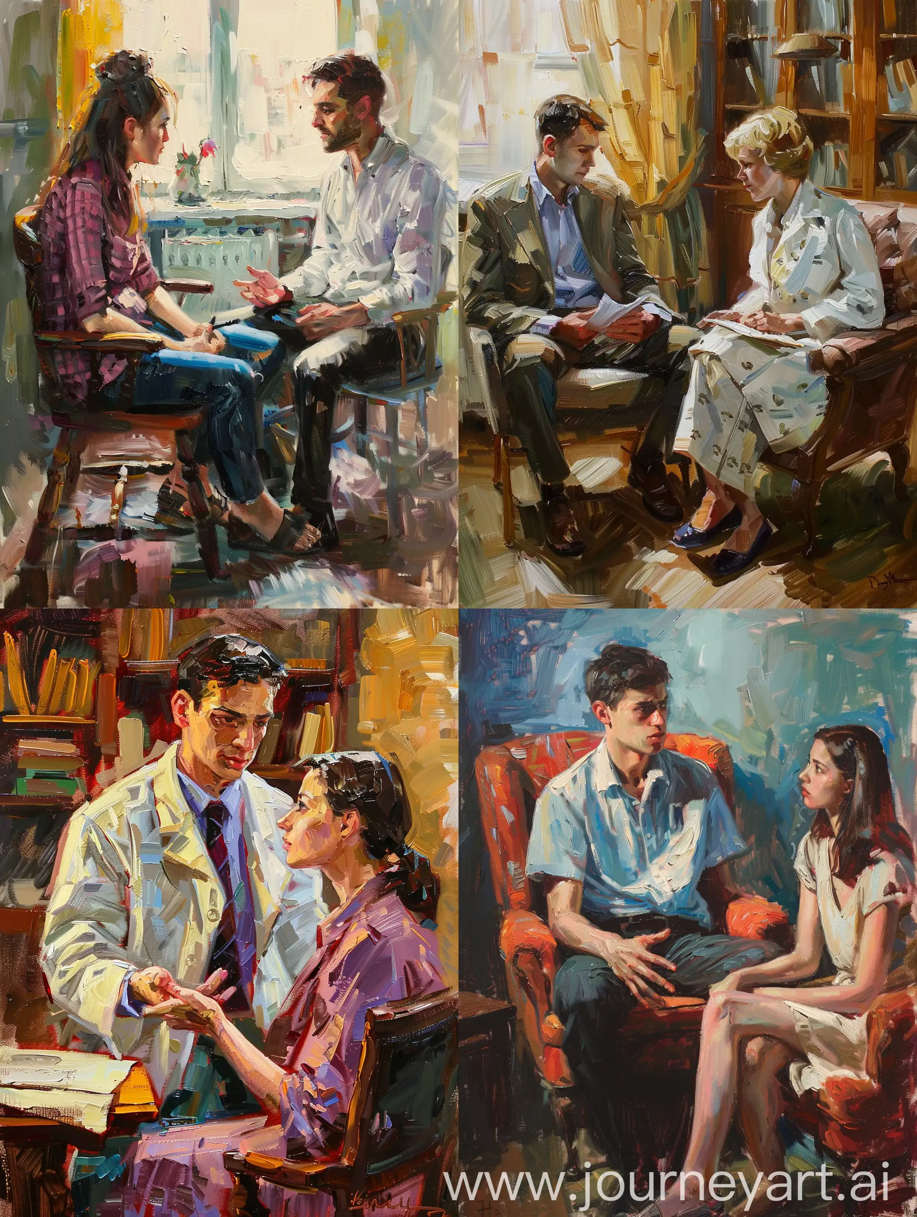 Psychotherapist-Consulting-Young-Woman-Client-Oil-Painting