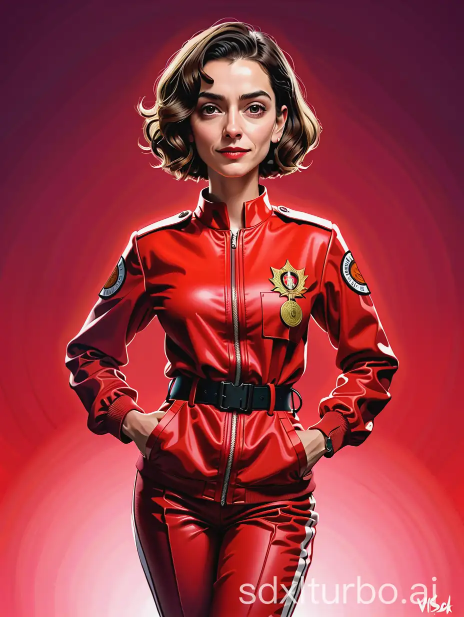 A caricature of Úrsula Corberó from Money Heist series drawn in an exaggerated style, dressed in a vividly colored red uniform with short hair, radiating the confident personality of the character