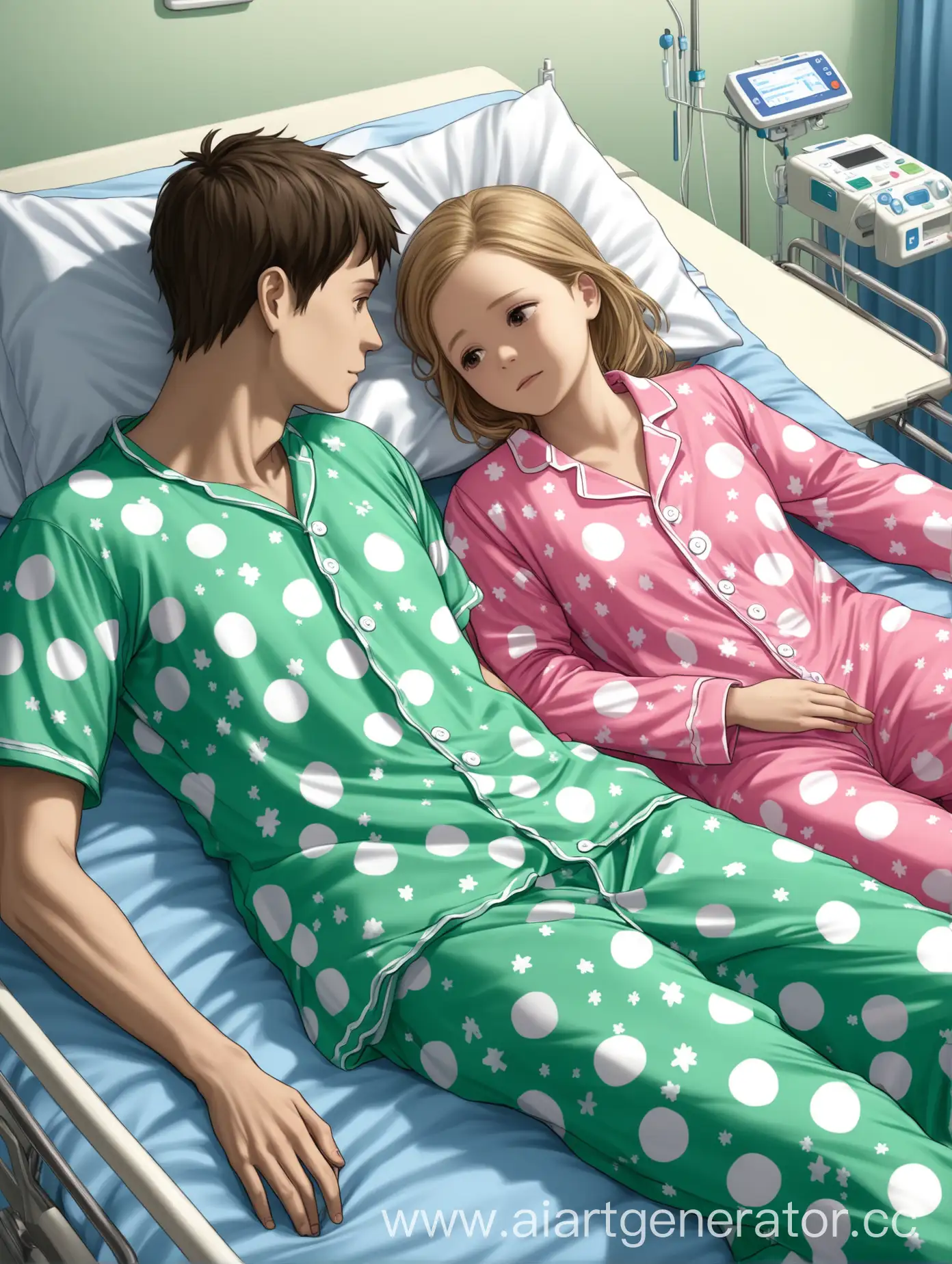 Девочка лежит в больничной палате в цветной пижаме и рям с ней мальчик в цветной пижаме