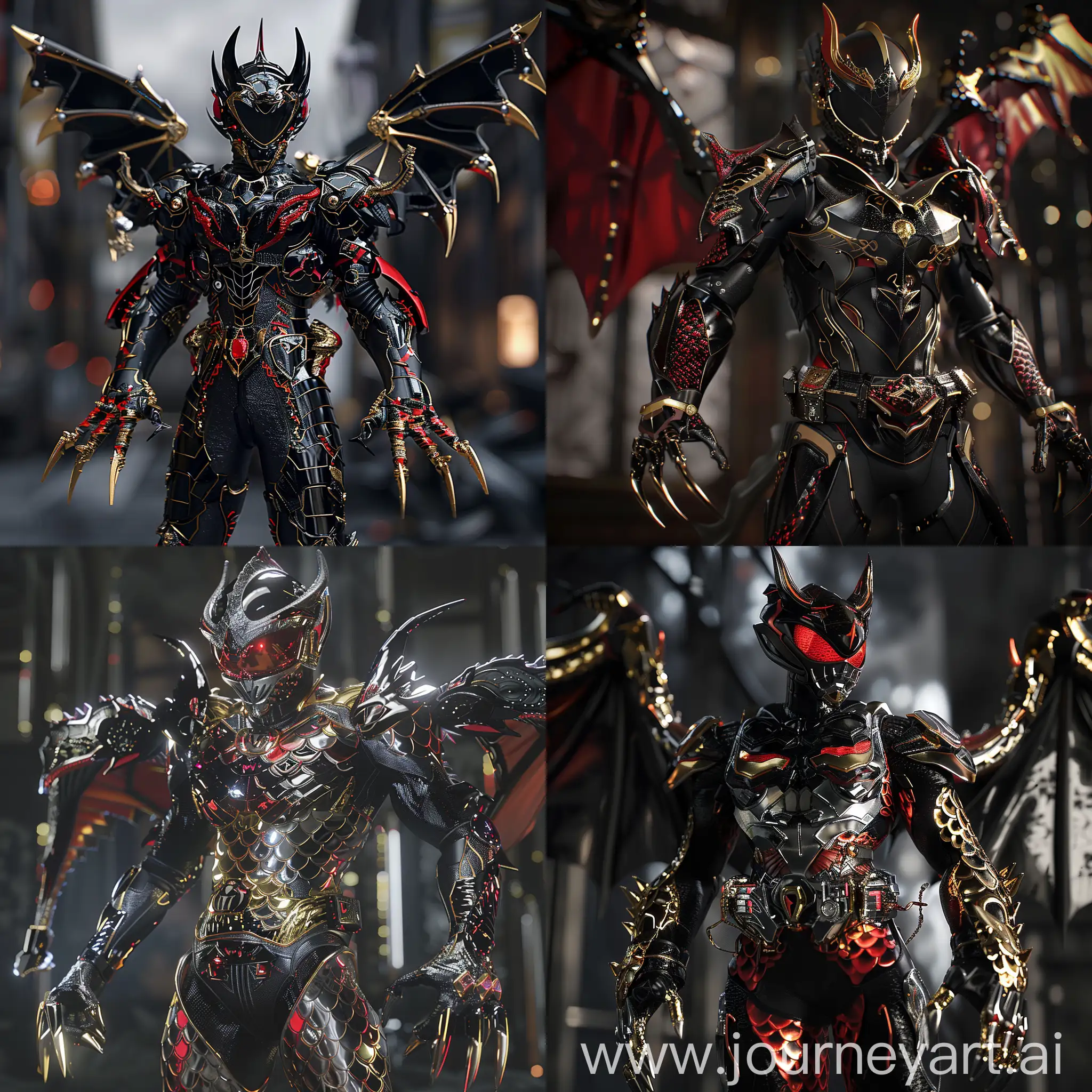 full body Venom-devil shot of a kamen rider suit with dragon-inspired design, metallic dragon scale armor, dragon claw hands, dragon-wing inspired flight apparatus, evil design, black and red and gold, mysterious and powerful aura, futuristic technology, high definition, photorealistic rendering, cinematic composition, depth of field, octane render, ray tracing, ultra detailed, 4K