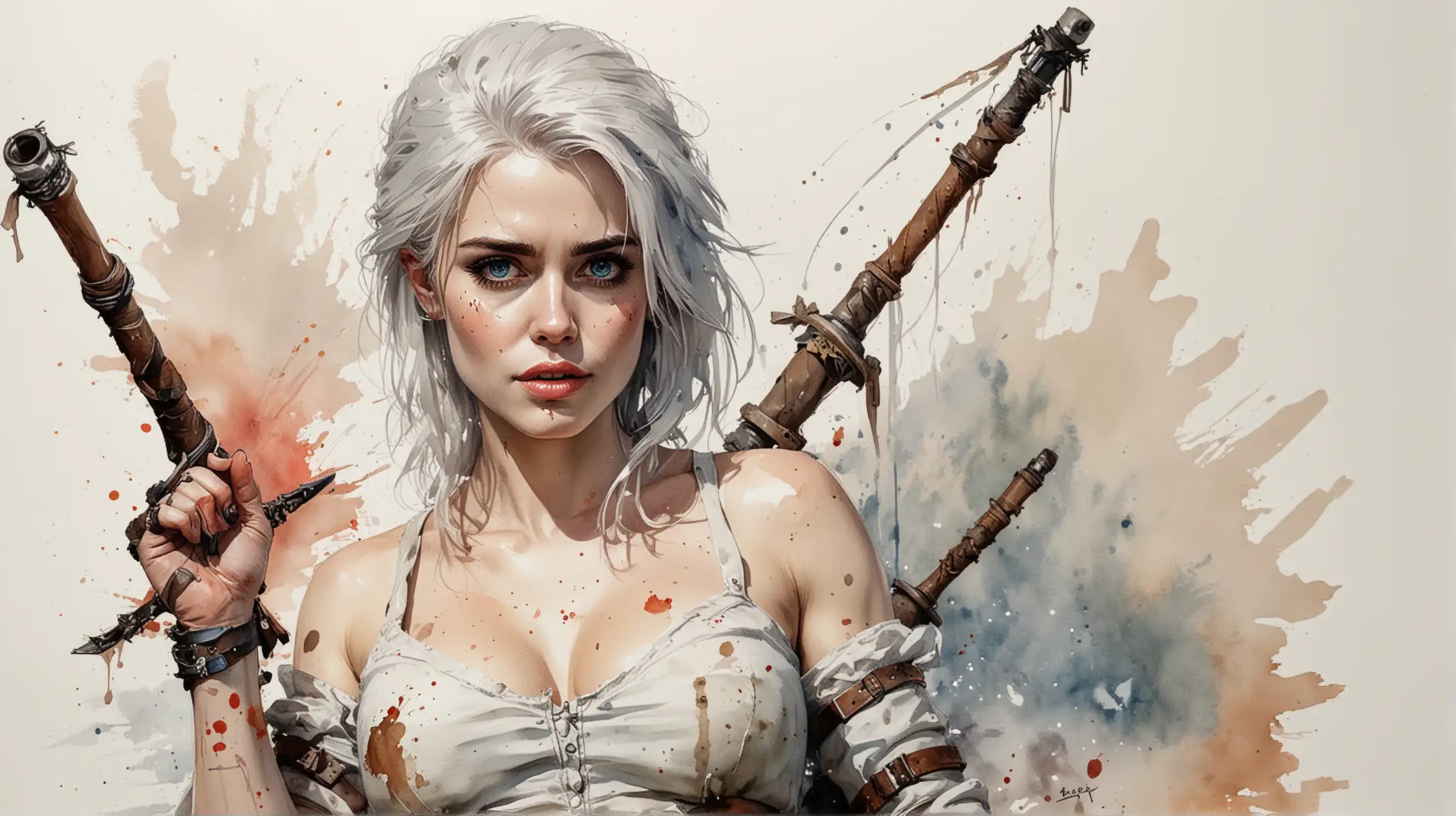 Watercolor Portrait of Amy Adams as Ciri from Witcher 3 in Ralph Steadman Style
