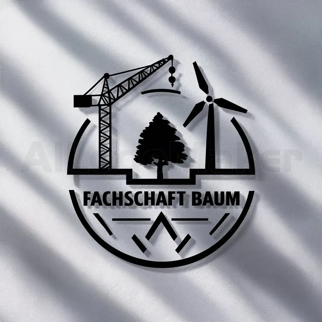 a logo design,with the text "Fachschaft BaUm", main symbol:Create a circular logo with a small tree in the middle, a crane to the left of the tree, which raises its boom arm to the right of the tree and erects a wind turbine. The name of the logo should be below the three symbols in the circle.,Moderate,be used in Construction industry,clear background