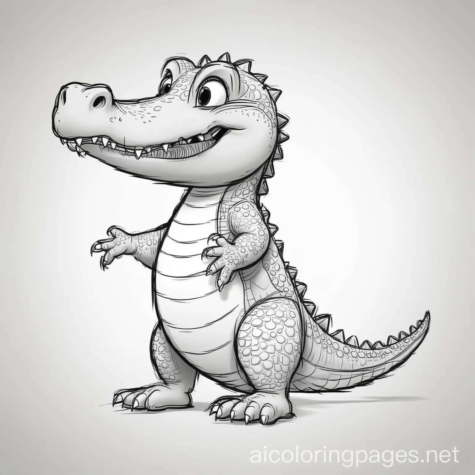 Alligator cartoon character, Coloring Page, black and white, line art, white background, Simplicity, Ample White Space. The background of the coloring page is plain white to make it easy for young children to color within the lines. The outlines of all the subjects are easy to distinguish, making it simple for kids to color without too much difficulty