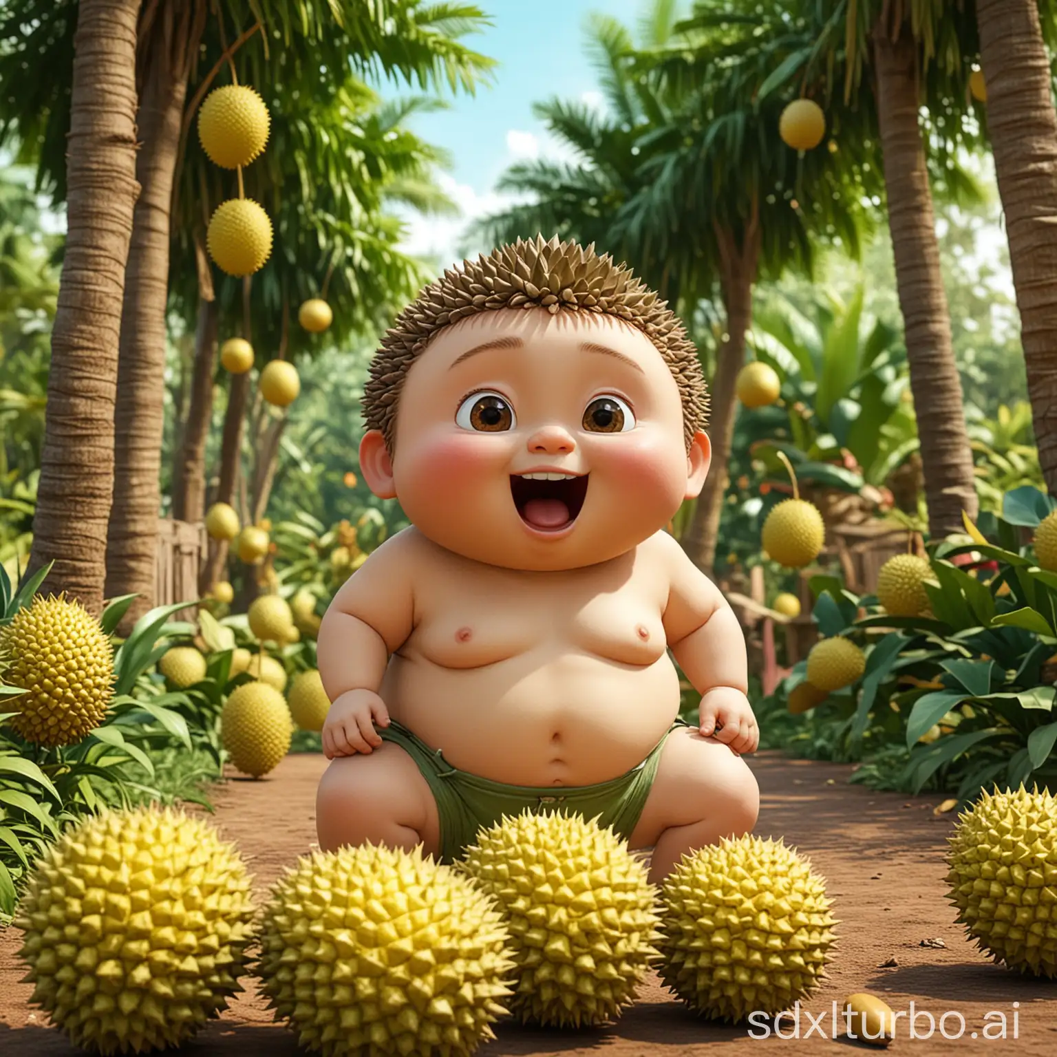 There is a 3D cute chubby little boy playing happily in the durian garden
