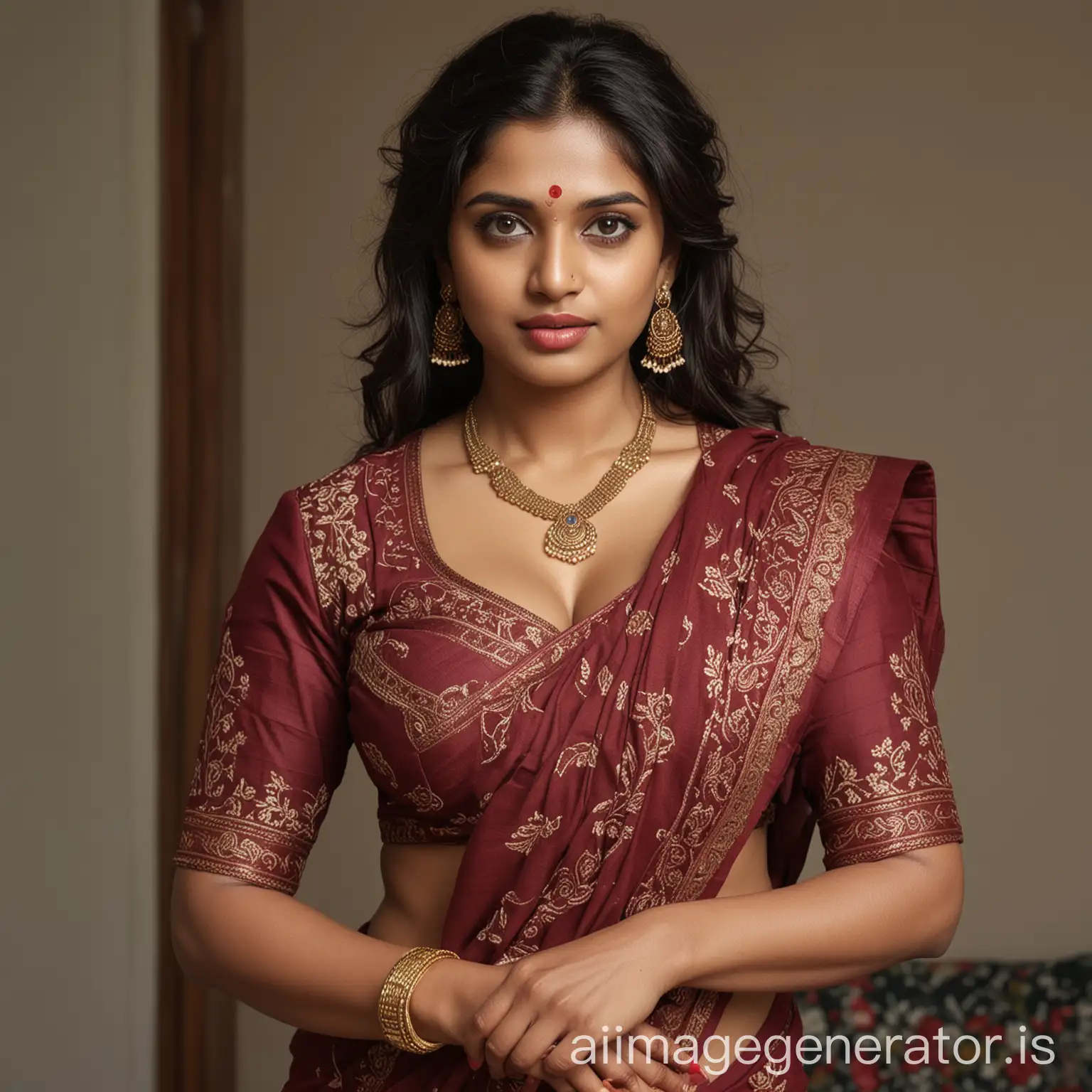 A Telugu married female with extremely huge breasts wearing a maroon Indian embroidery cotton saree and a half sleeves  Indian blouse, deep cleavage, extremely realistic face, DSLR, sony a7, HDR, extremely detailed, detailed face and eyes, modelshoot style, sexy wavy hair touching the boobs, masterpiece, hyperrealistic , cinematic lighting, full body portrait, at a photoshoot
