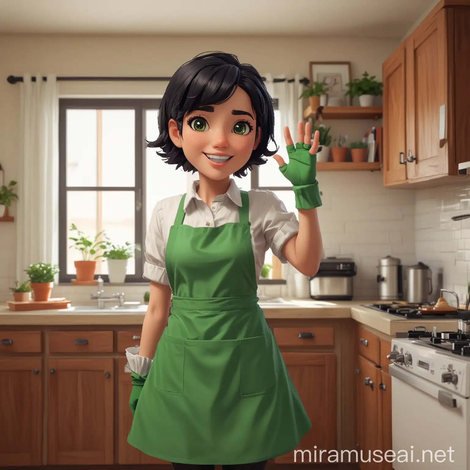 Cheerful Pixel Animation Housekeeper Waving in Bright Apartment