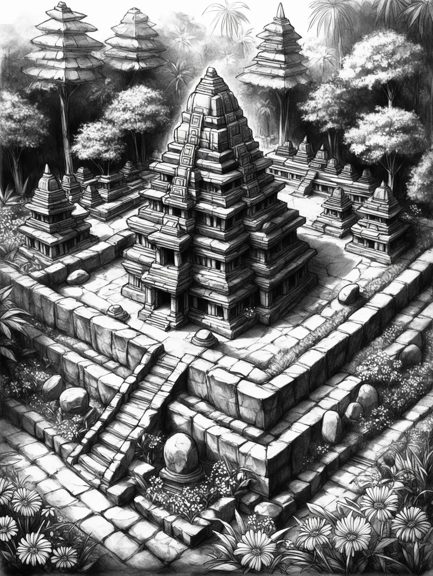 Ancient-Indonesian-Stone-Temple-Complex-in-Flower-Garden-Monochrome-Sketch-with-Aerial-Highlight