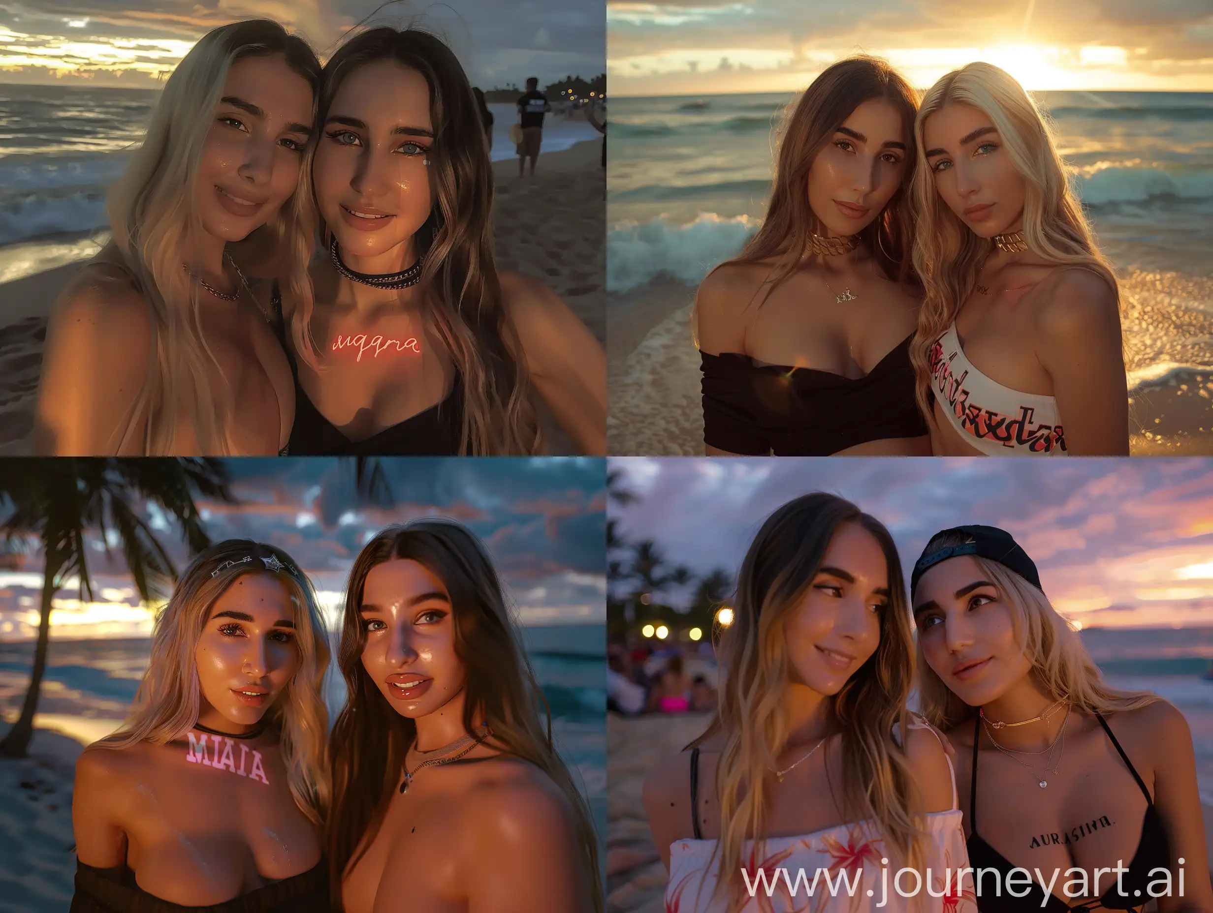 Aesthetic instagram of two girls at the beach on a date, realistic lighting, super models, chest