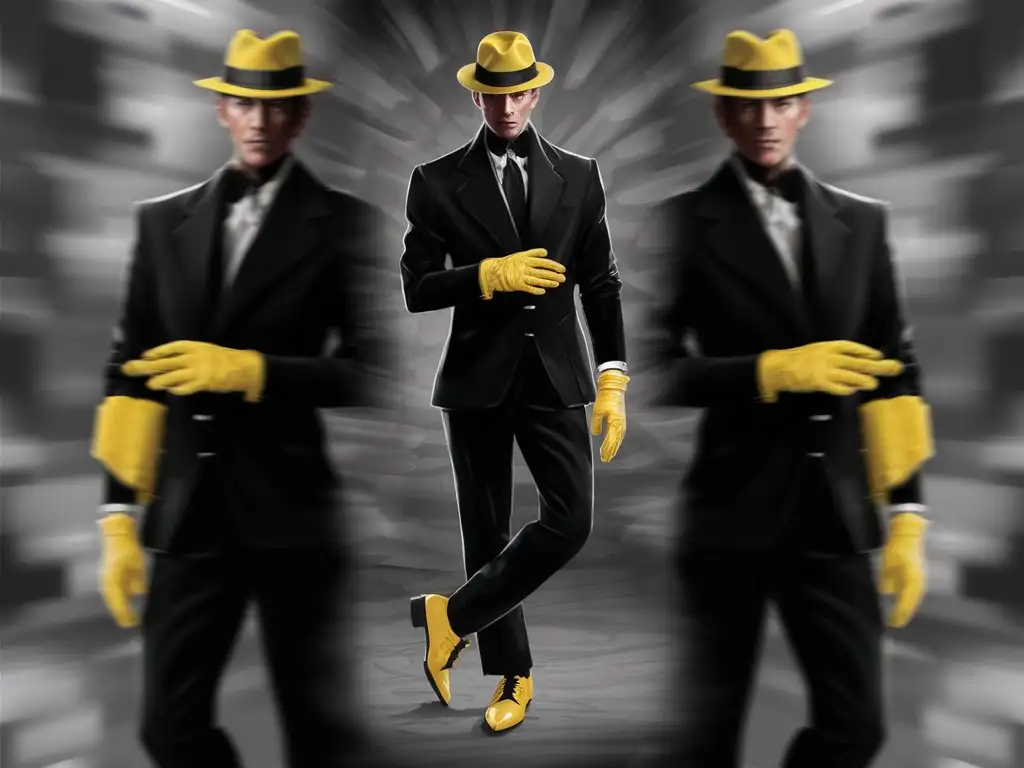 Человек в черном классическом стиле в жёлтых перчатках, жёлтом целиндре и жёлтых туфлях