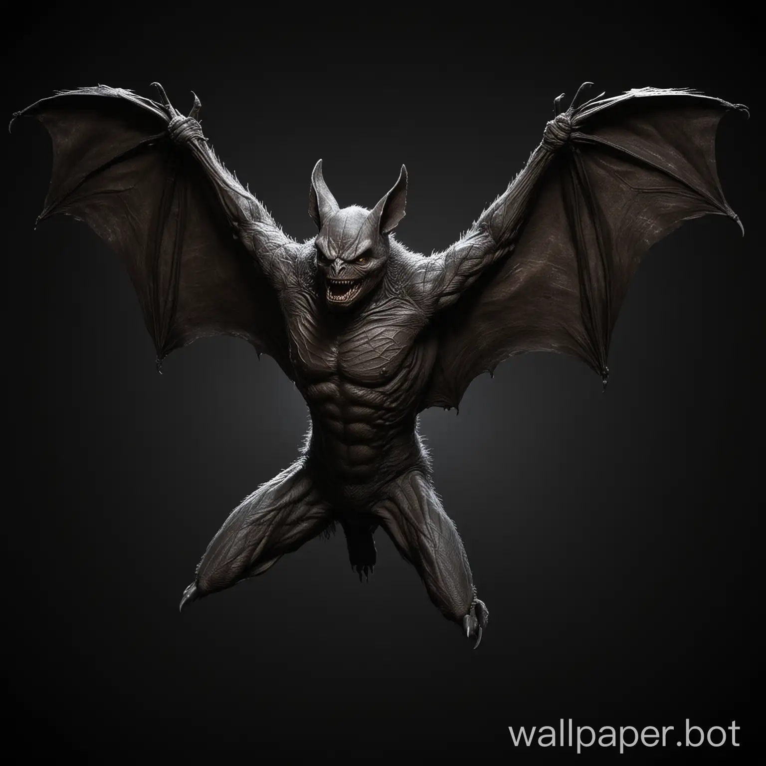 Draw a terrible, scary, big, humanoid, flying bat on a black background.