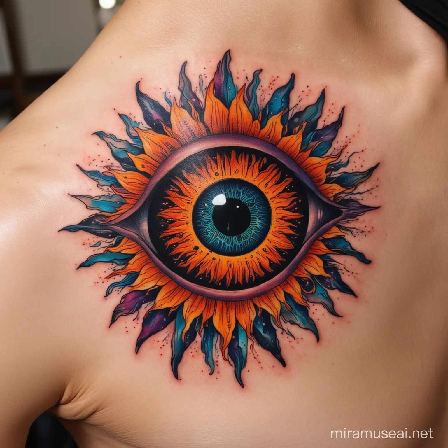 very small tattoo of the eye inside of the sun on the internal biceps with digital psychedelia, intricate details, and vibrant colors, that blends the mystical with the futuristic, both captivating and thought-provoking, embodying the unique blend of the organic and the synthetic