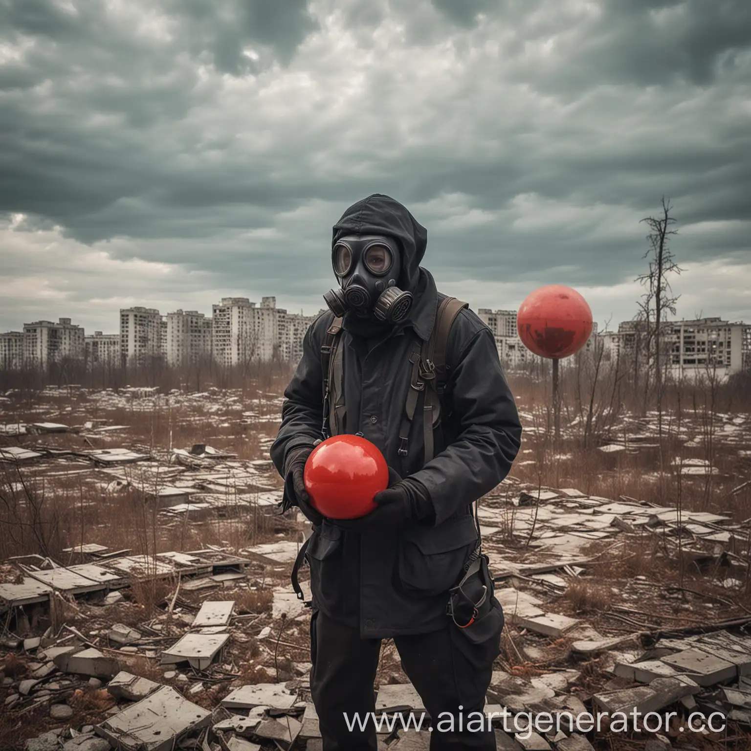 Сталкер в противогазе исследует город Припять в поиске артефакта сфера красного цвета