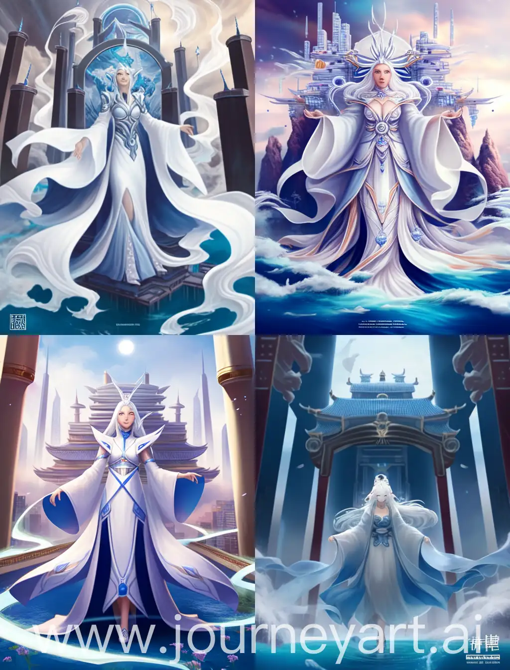 a woman with flowing white hair and ocean blue eyes, she is wearing loose cultivator robes, she has a hour glass body shape, she is very beautiful, oprressive feeling, 8k, masterpiece, ultra high res, stylistic, dynamic shot, interesting background, Chinese artitechture background, detailed background, xianxia style,