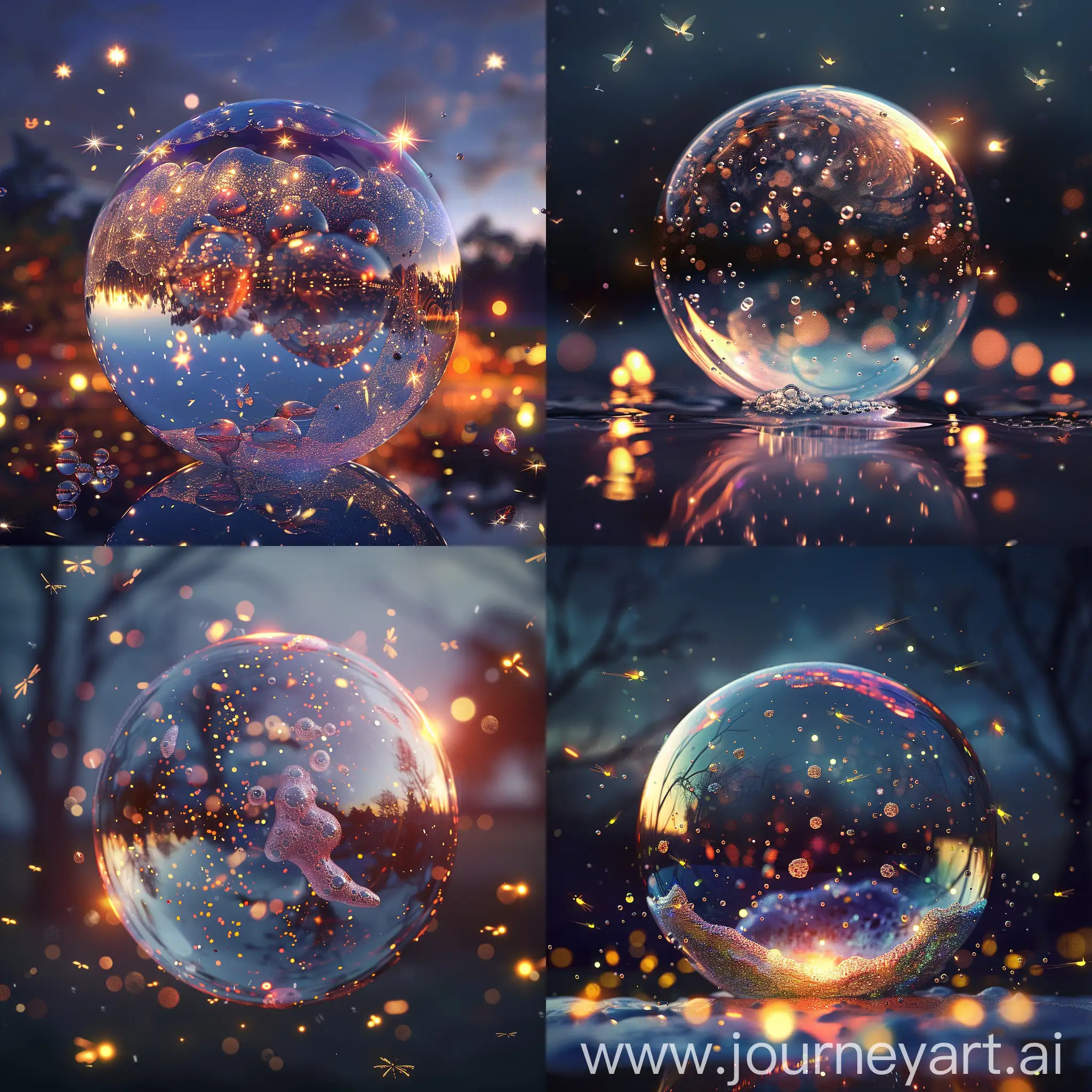 A hyper-realistic digital artwork of an adorable cute soap bubble, dense and textured, with tiny sparkling particles under a dimly lit night sky. Fireflies gently fall around it, adding to the magical, serene atmosphere.
