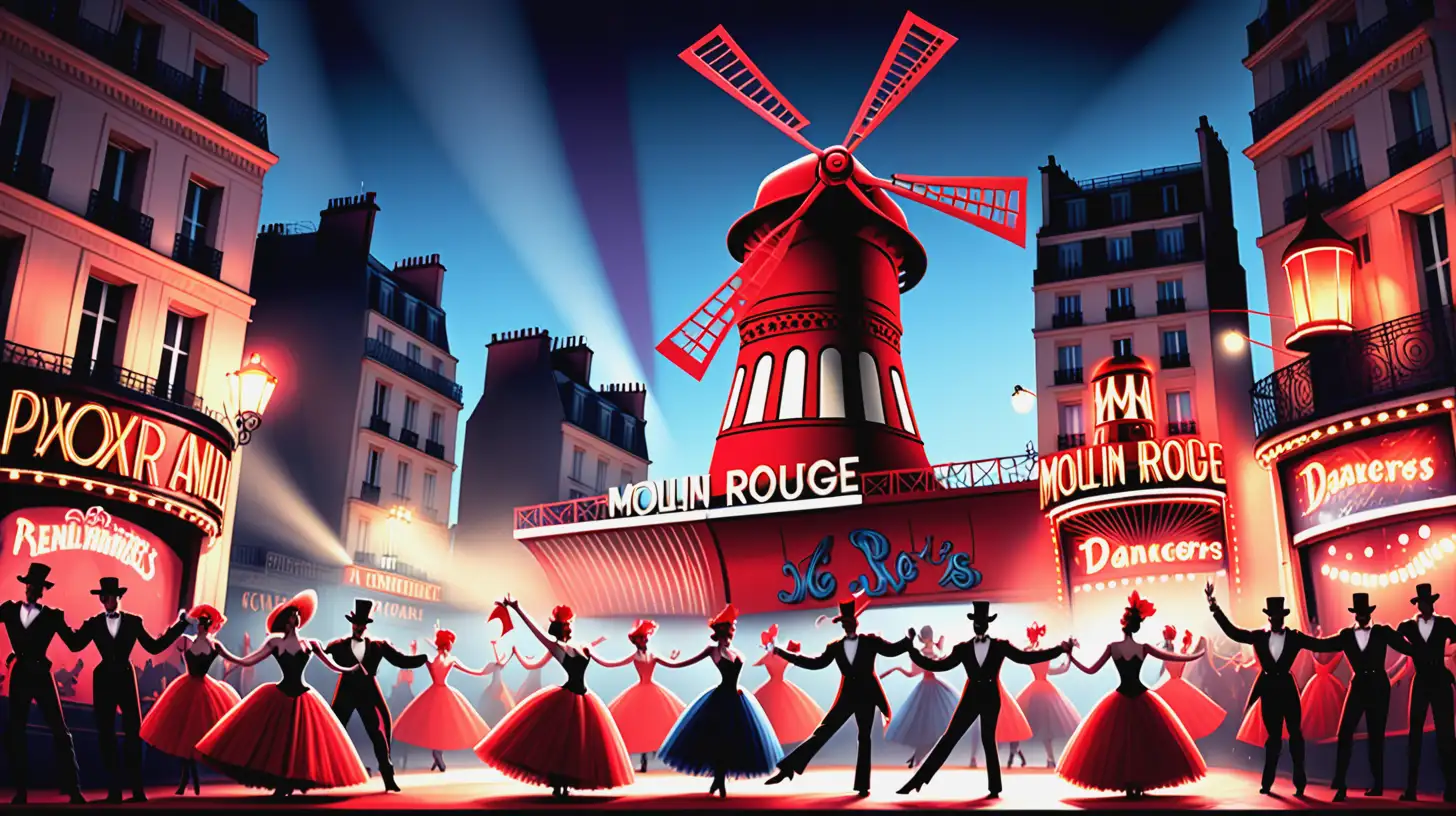 Parisian Can Can Dancers and Red Windmill in a Vibrant Moulin Rouge Style Scene