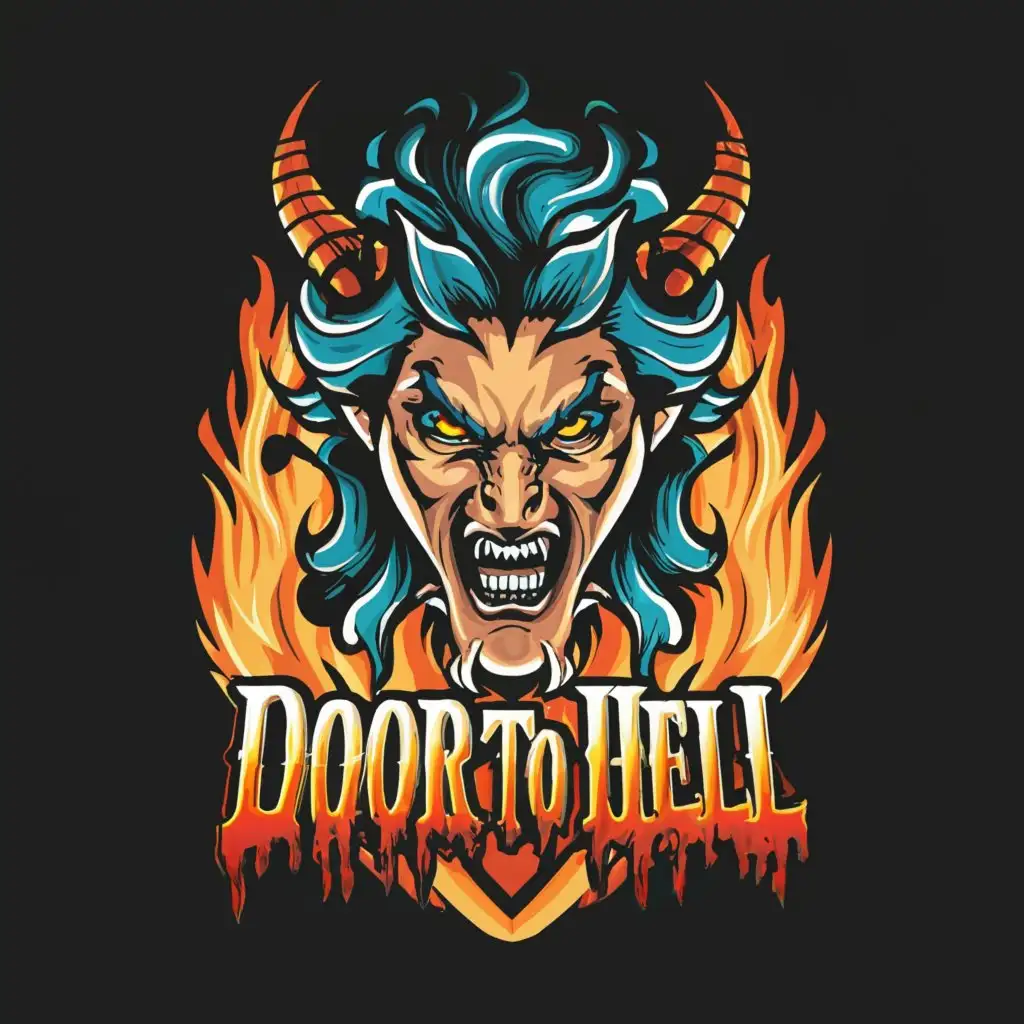 a logo design,with the text "Door To Hell", main symbol:In a world of unexpected futures, a devil boy with piercing blue eyes stands out. His long hair flows like a river of darkness, and his face contorts with anger. But what truly sets him apart is the blood that pours from his eyes, a reminder of his demonic origins. And as you look closer, you see the door of hell behind him, with bolts of lightning bursting forth, a testament to his otherworldly strength.,Moderate,be used in gaming industry,clear background
