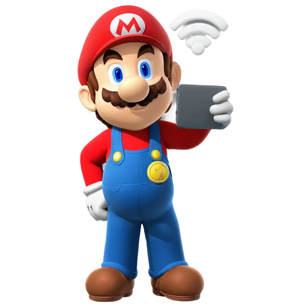 super mario holding a wifi icon in his right hand