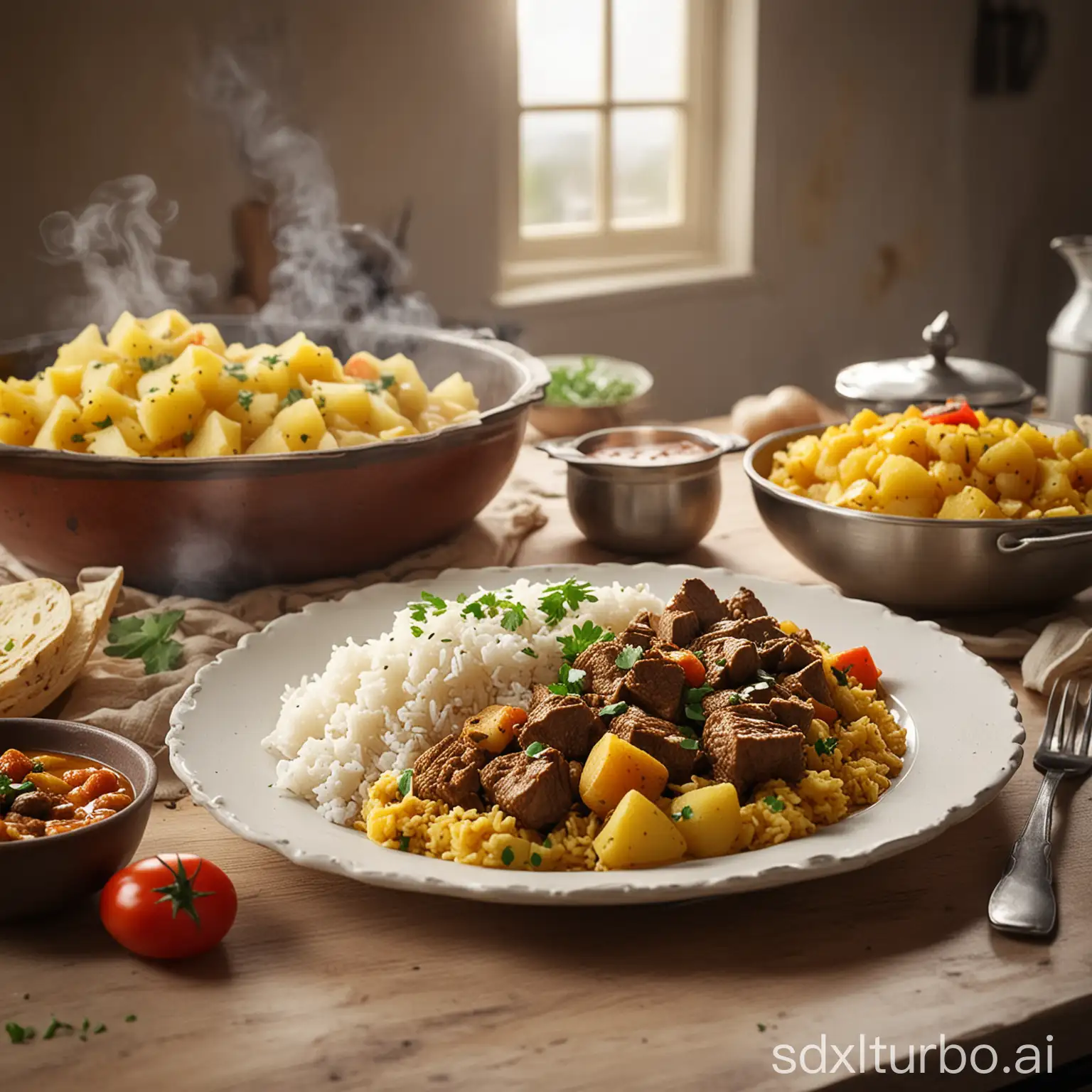 A plate of steaming potato curry with beef and rice, and some ingredients, against the backdrop of a bright kitchen island, perfect timing, very real light and texture, a work of food photography.