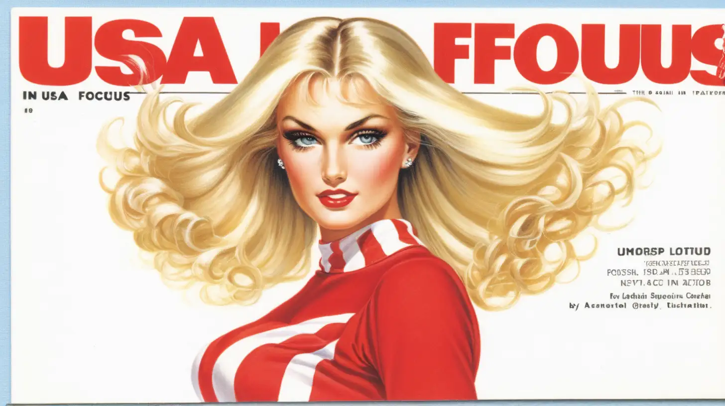 USA in Focus magazine, Postcard,  blonde super model dressed in red and white.